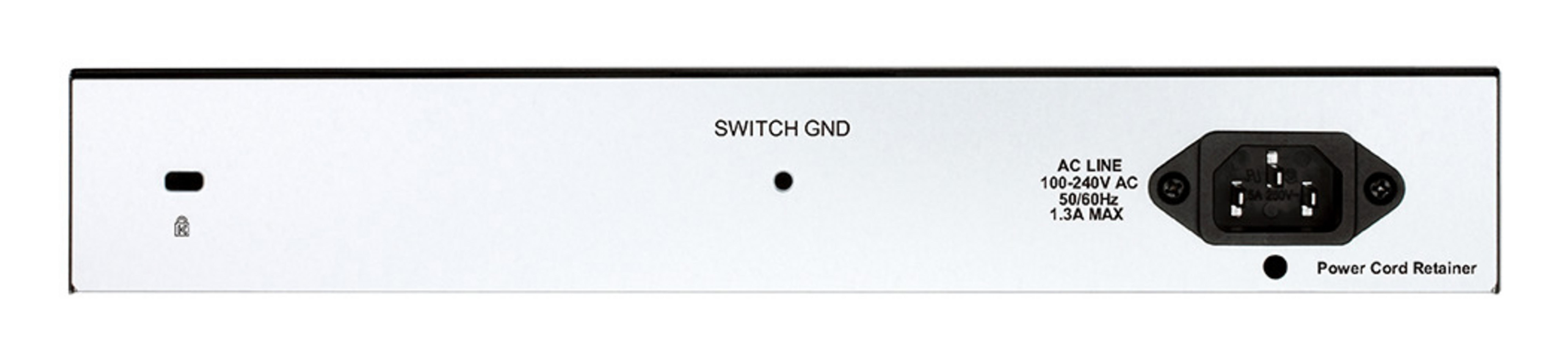 Retro di uno switch con connessione di alimentazione ed etichettatura.