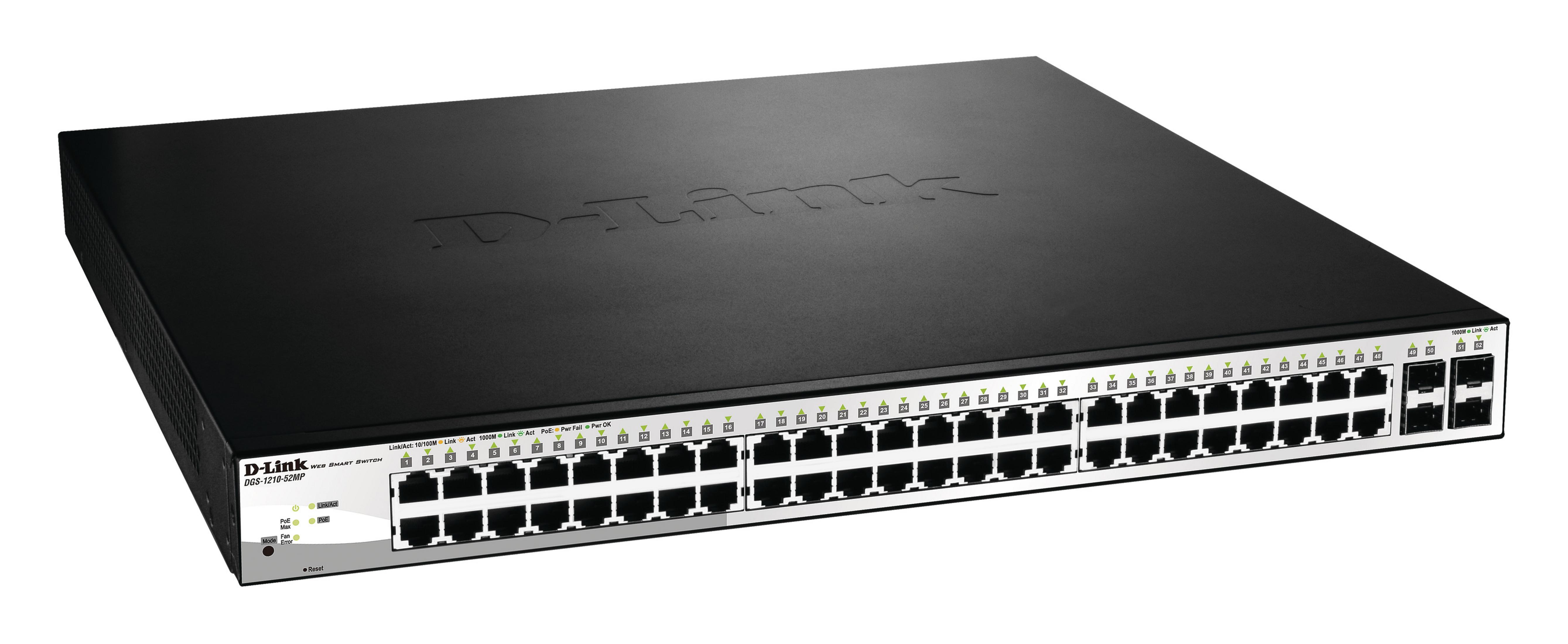 Uno switch D-Link Web Smart nero con 52 porte e molti indicatori LED.
