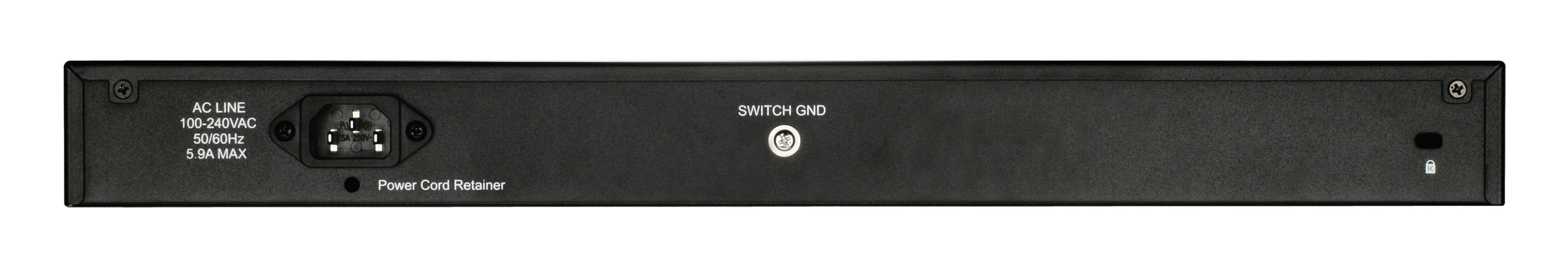 Retro di un dispositivo nero con linea CA, messa a terra e simbolo di lucchetto.