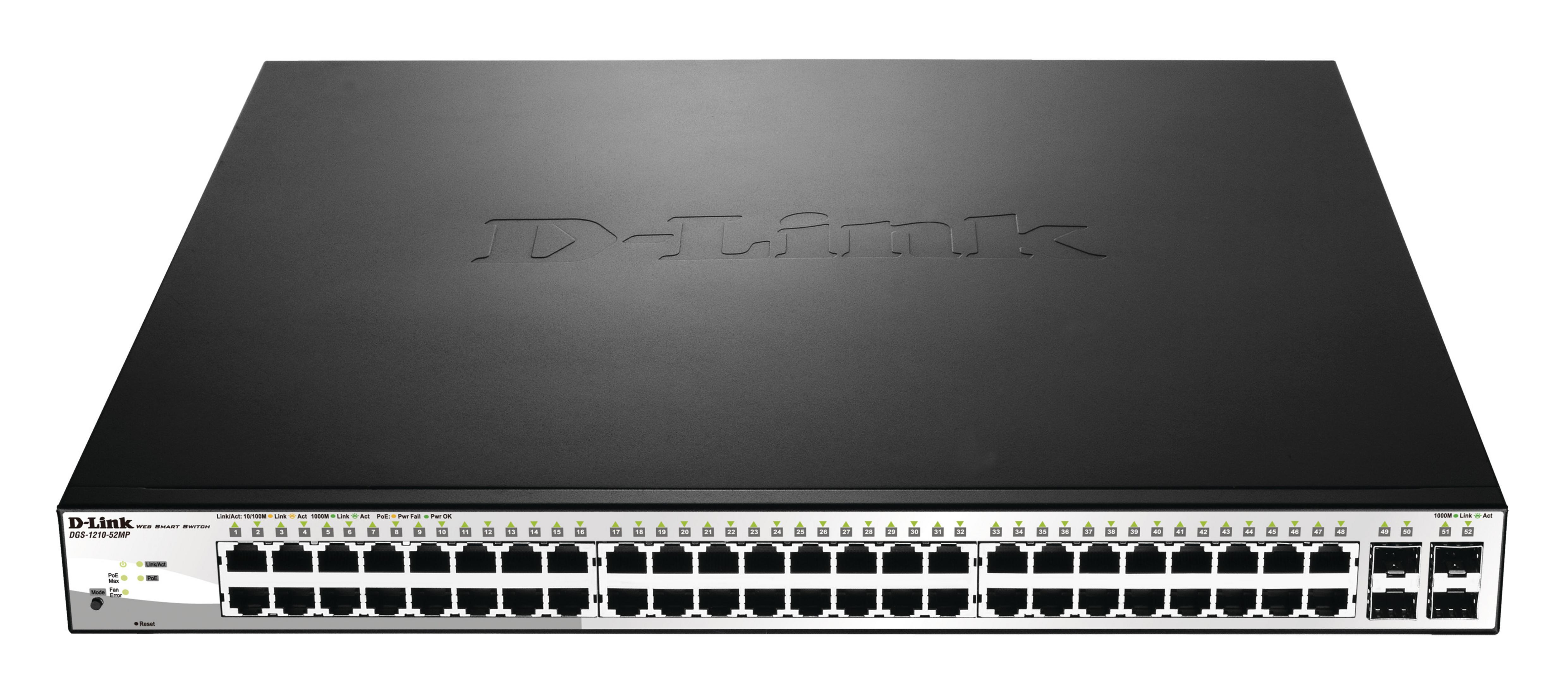 Uno switch di rete D-Link nero con 48 porte Ethernet e 2 porte SFP.