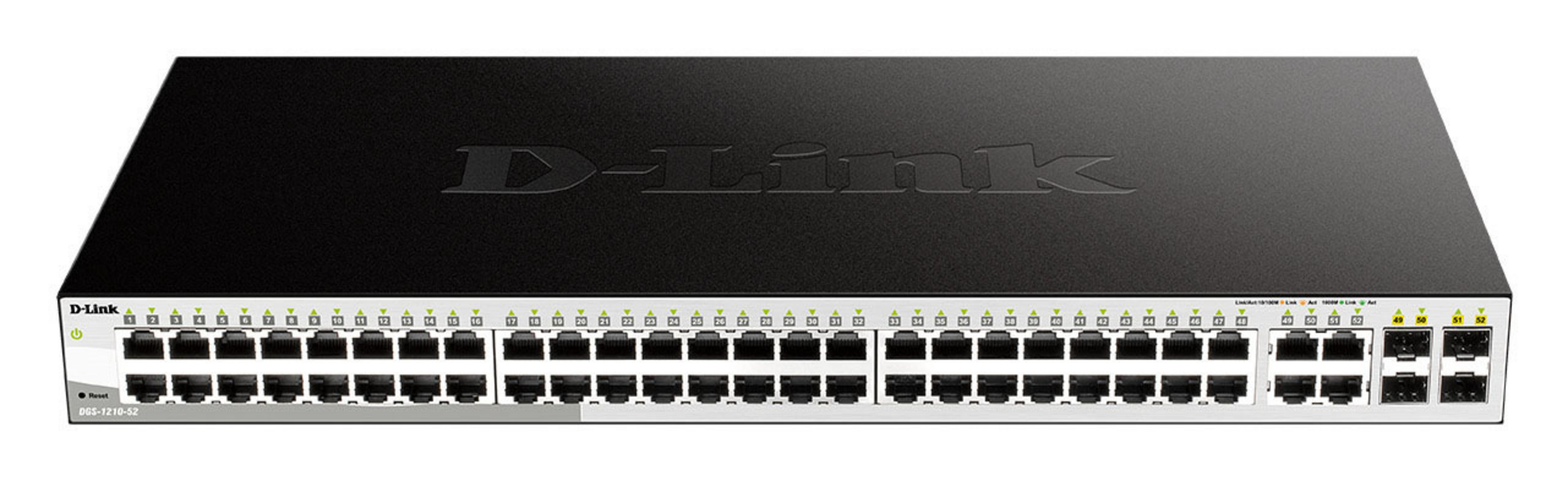 Switch di rete D-Link nero con 52 porte e pannello frontale argento.