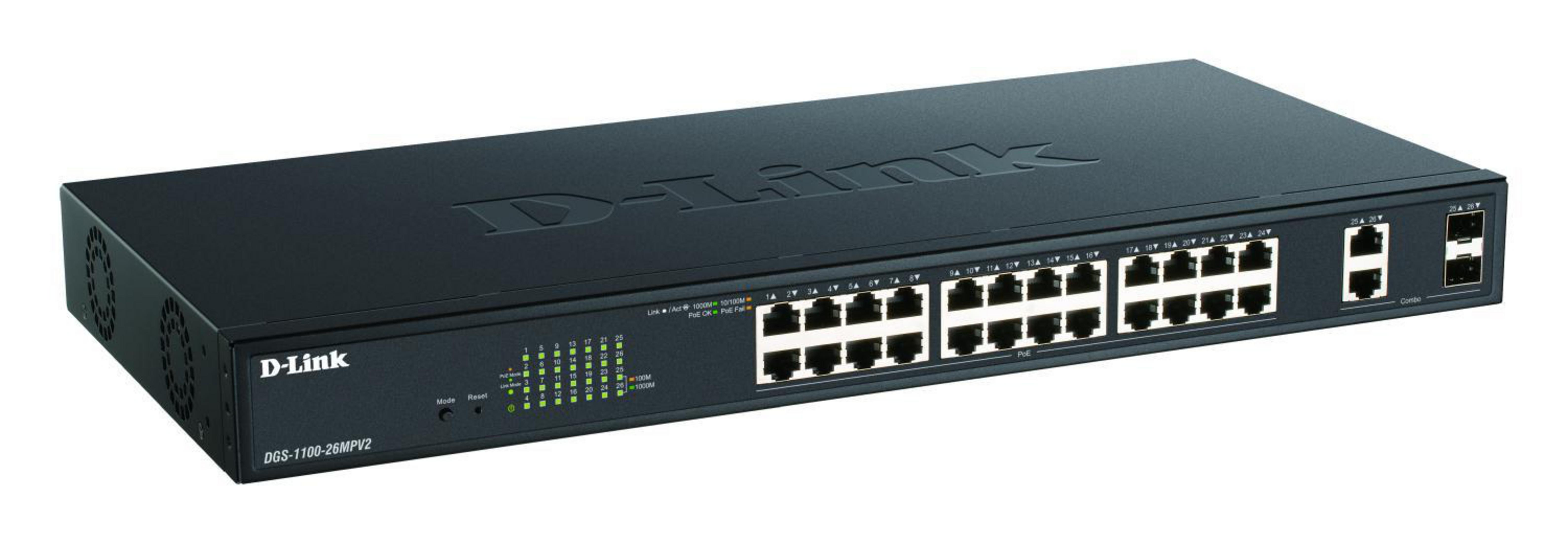 Switch réseau D-Link noir 26 ports avec voyants lumineux.