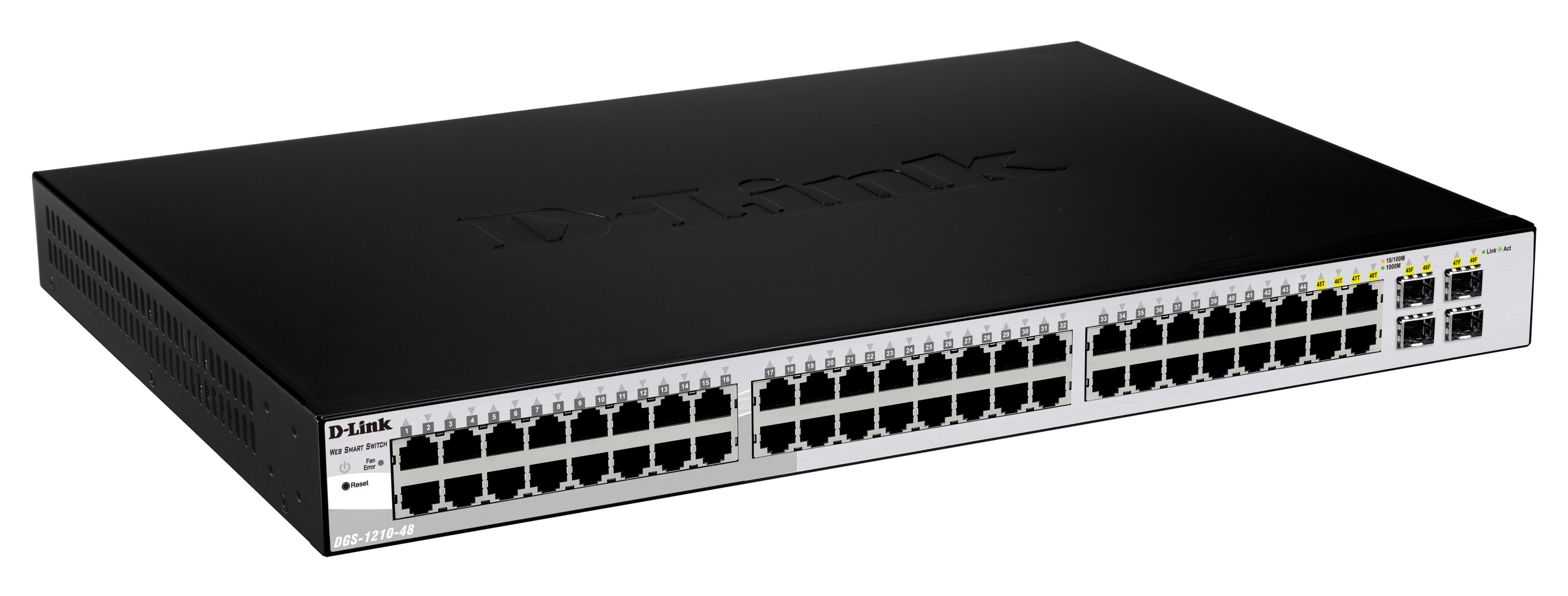 Uno switch di rete Gigabit D-Link a 48 porte nero con numerose porte.