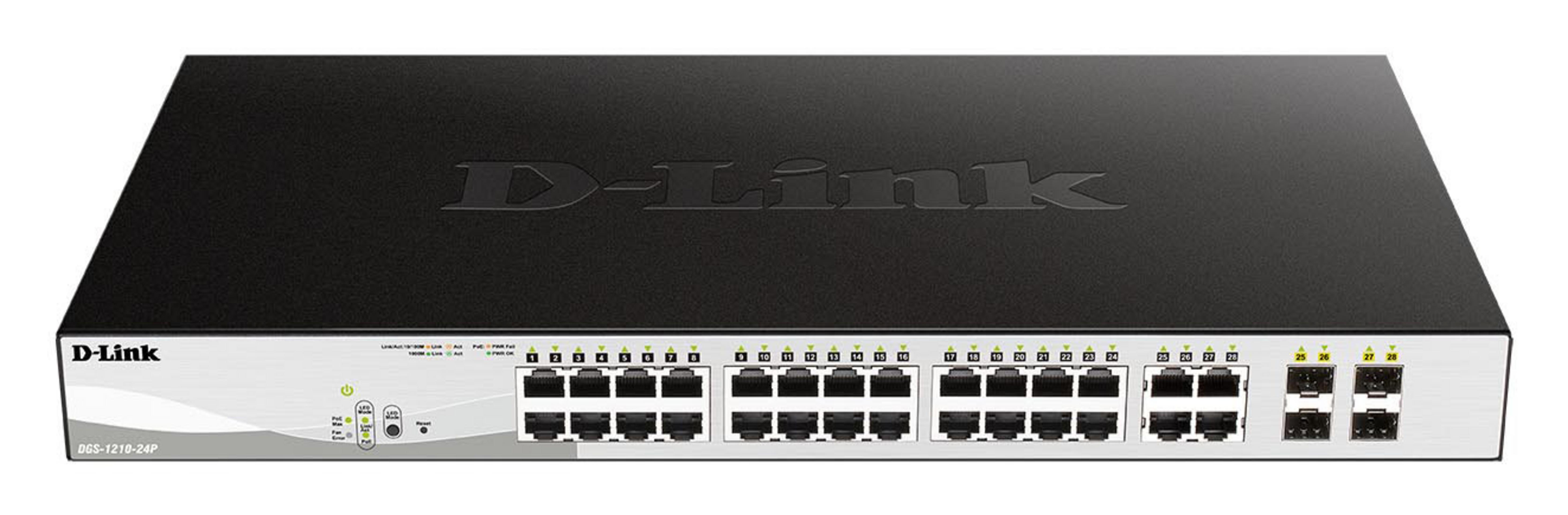 Uno switch di rete D-Link nero con 28 porte e LED di stato.