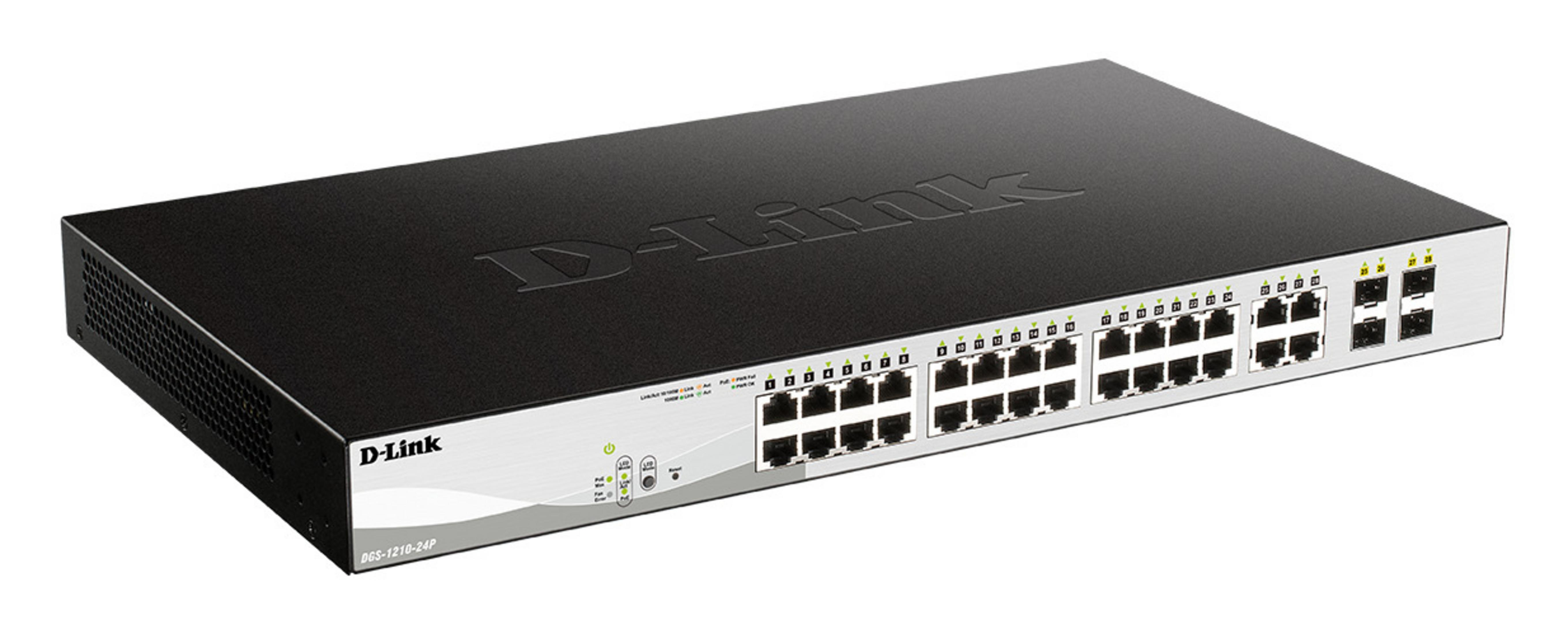 Uno switch di rete D-Link nero con 24 porte e LED di stato.