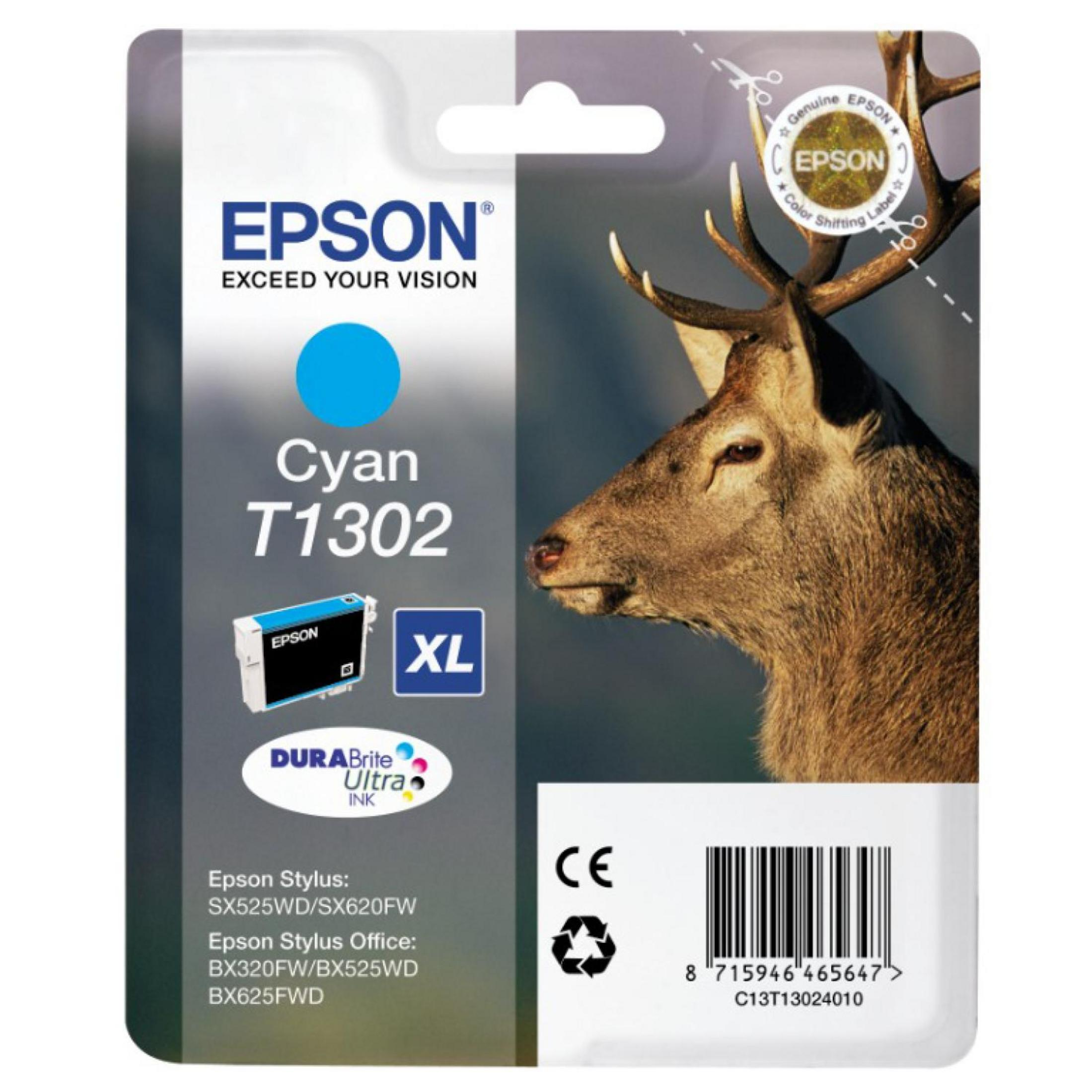 Cartuccia d'inchiostro Epson Cyan T1302 con immagine di cervo e codice a barre.