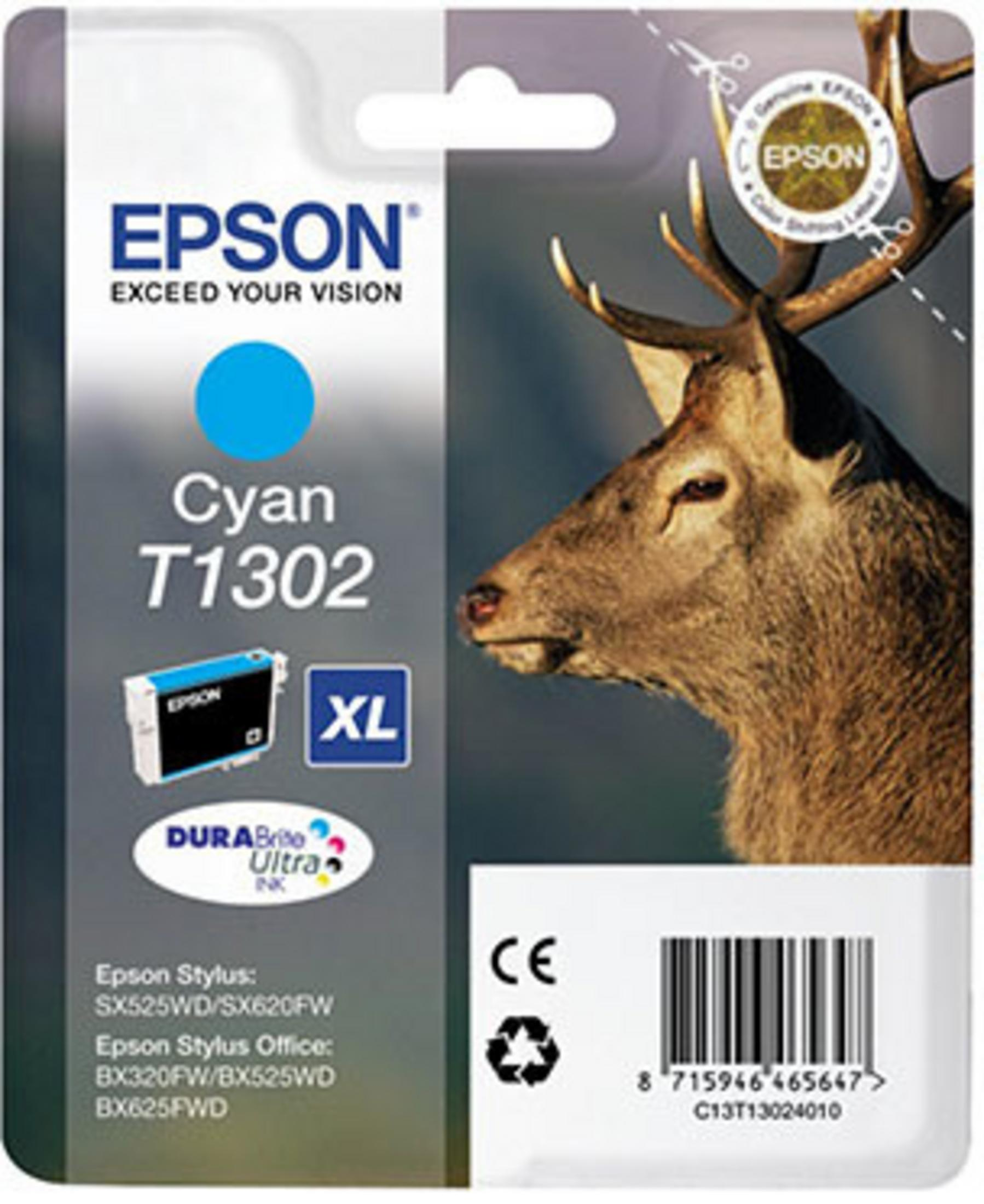 Cartuccia d'inchiostro Epson Cyan T1302 con immagine di cervo e codice a barre.