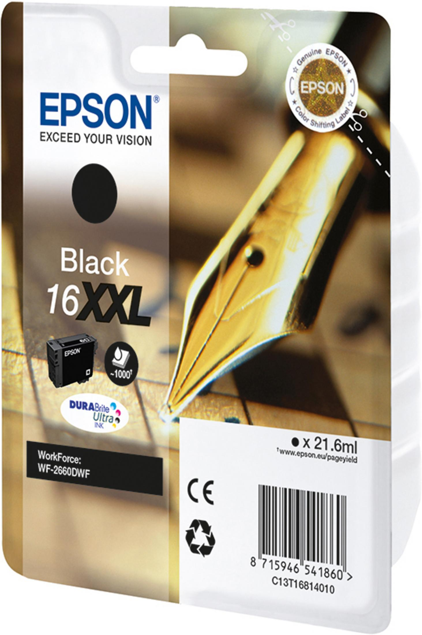 Inchiostro nero Epson 16XXL per WorkForce WF-2660DWF. Contiene 21,6ml.
