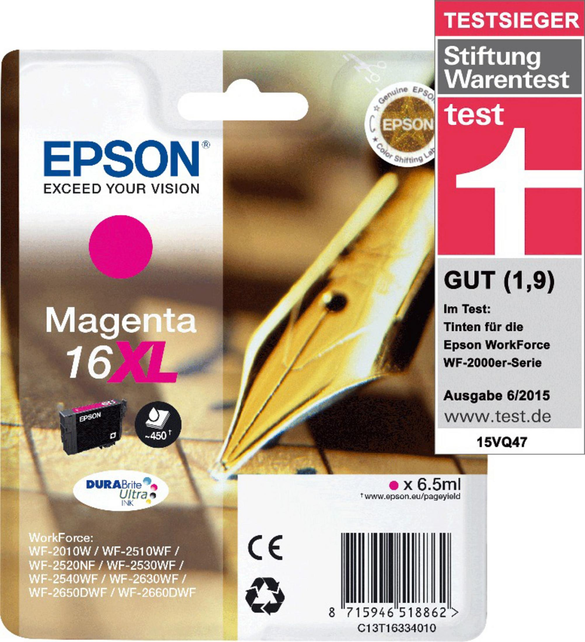 Cartuccia d'inchiostro Epson Magenta 16XL con pennino dorato e voto test BUONO (1,9).