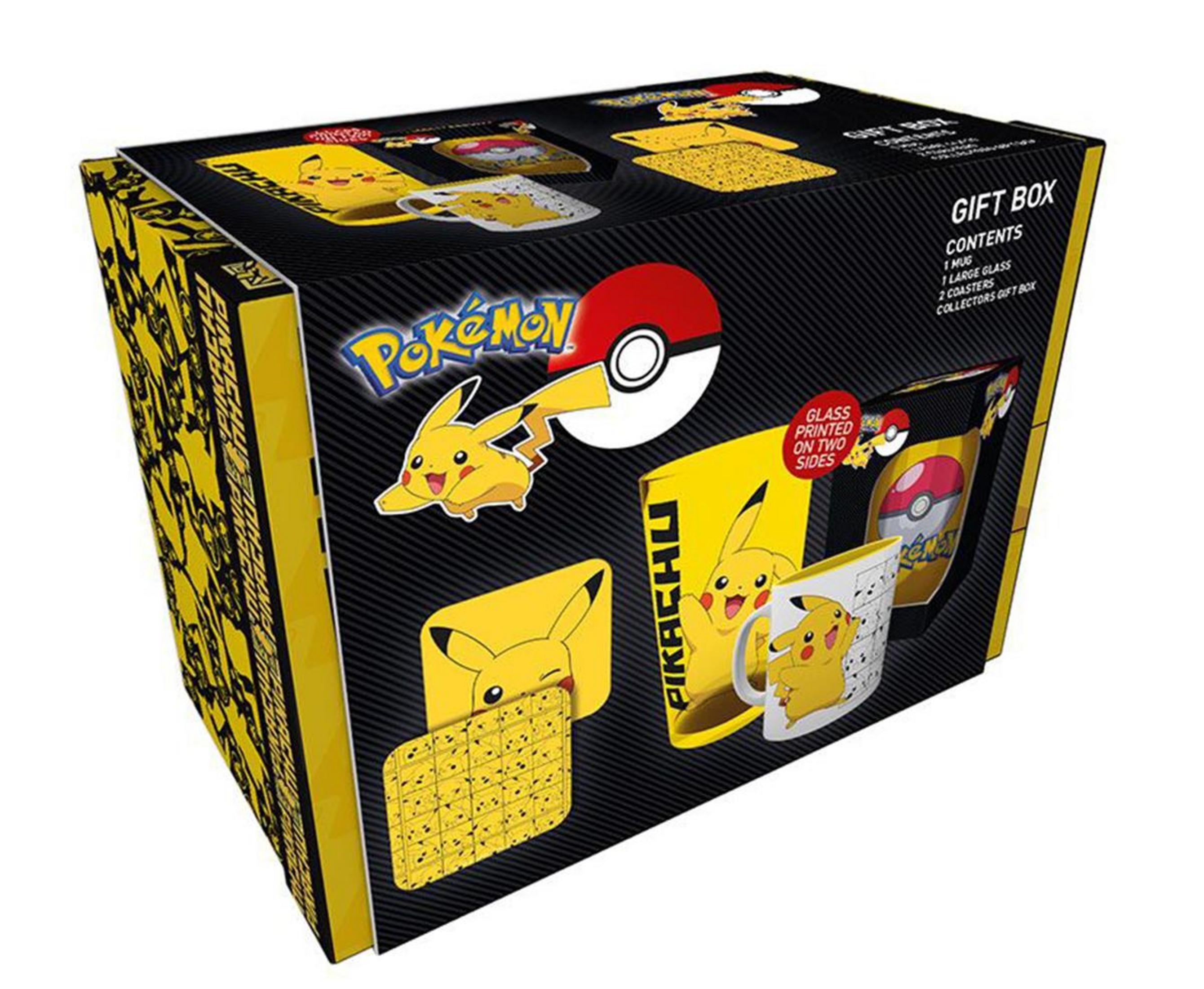Box regalo Pokémon Pikachu con tazza, bicchiere e sottobicchieri.