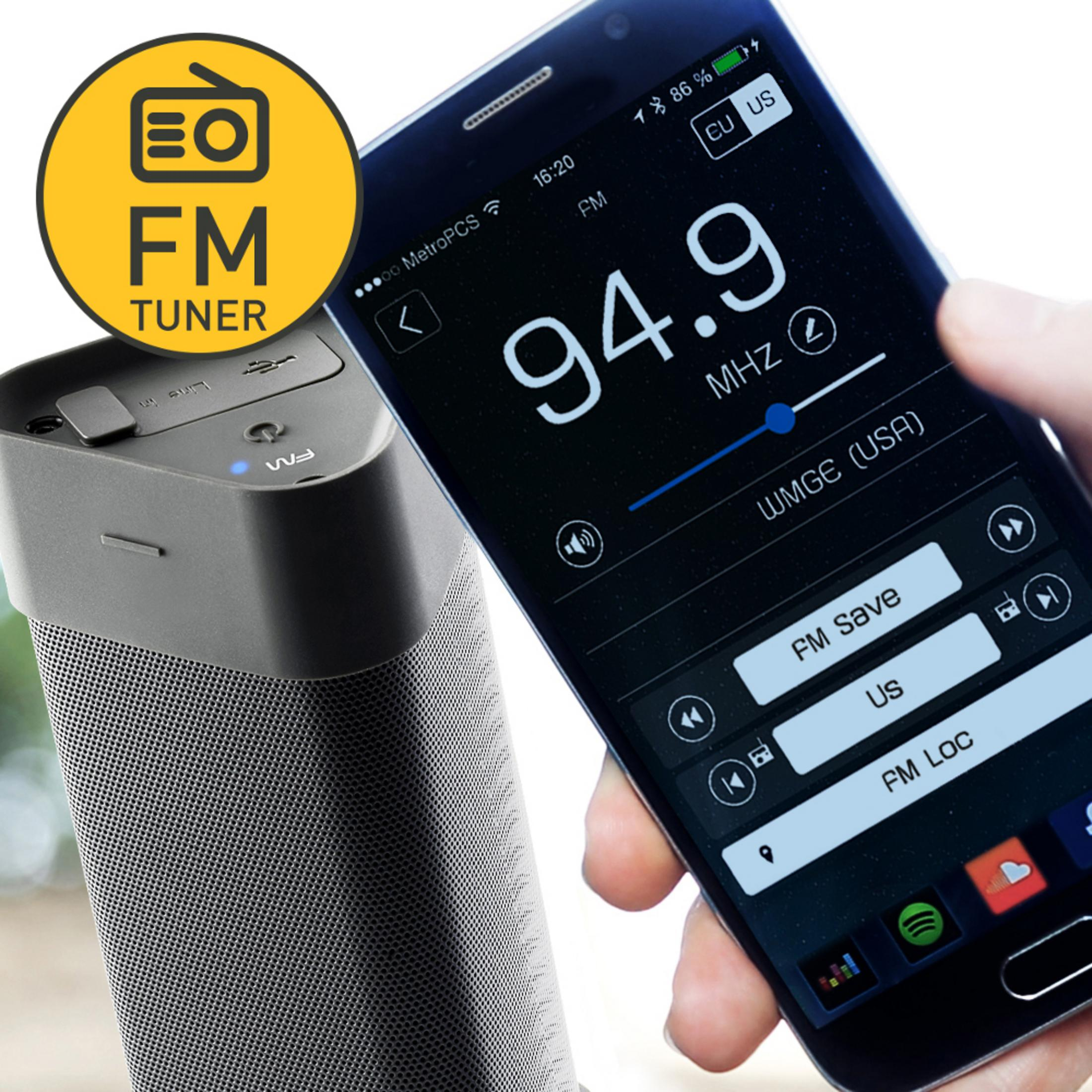 Un icono de sintonizador FM junto a un smartphone que muestra una aplicación de radio.