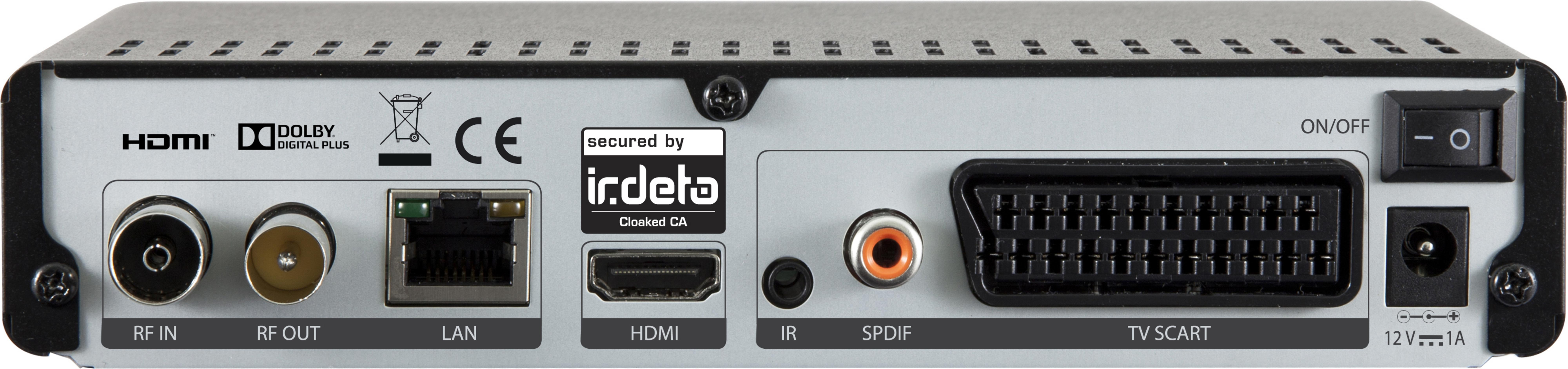 Rückseite eines Receivers mit Anschlüssen: HDMI, LAN, SCART, Strom.