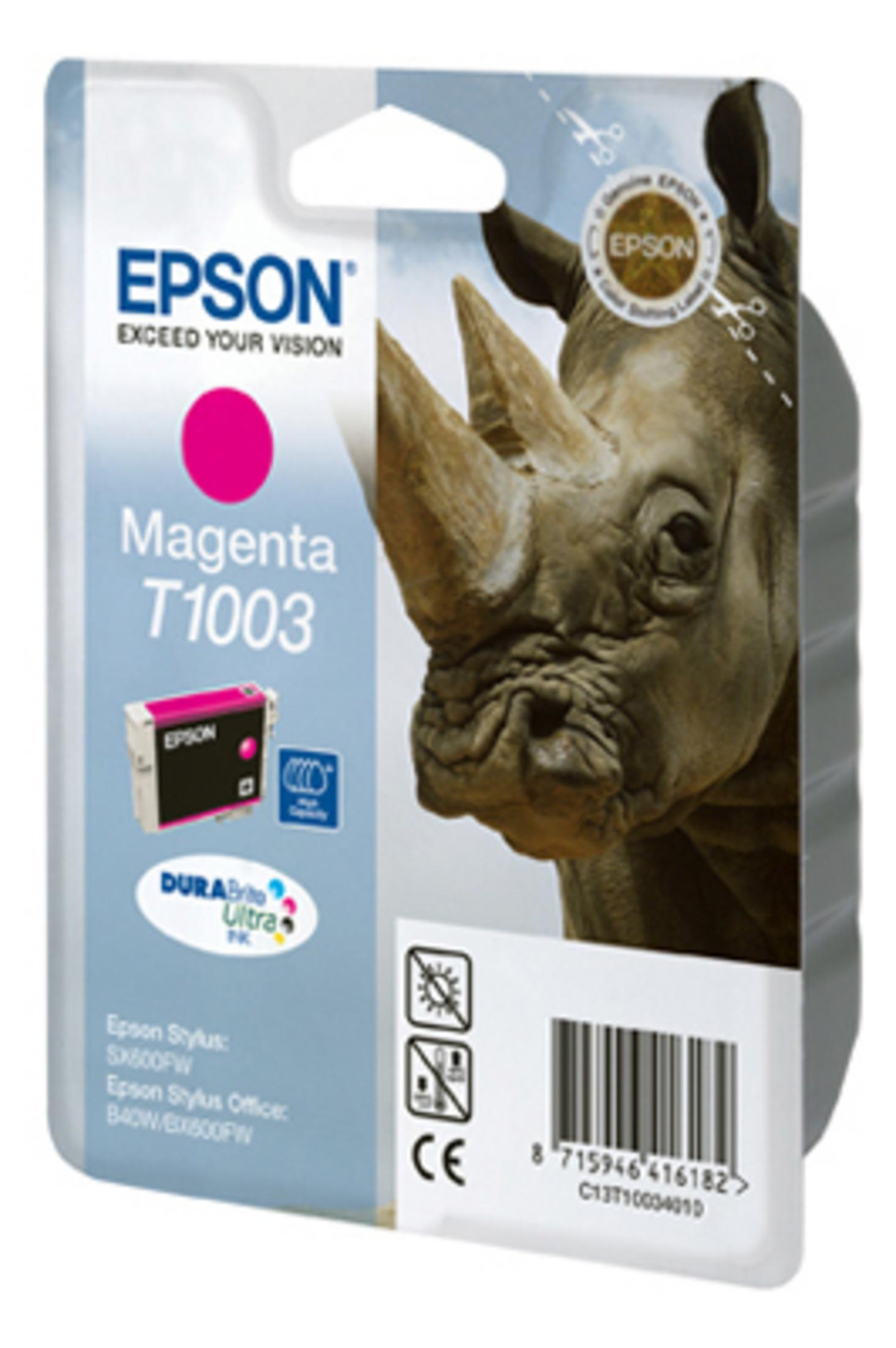 Inchiostro Epson Magenta T1003 con immagine di rinoceronte e codice a barre.