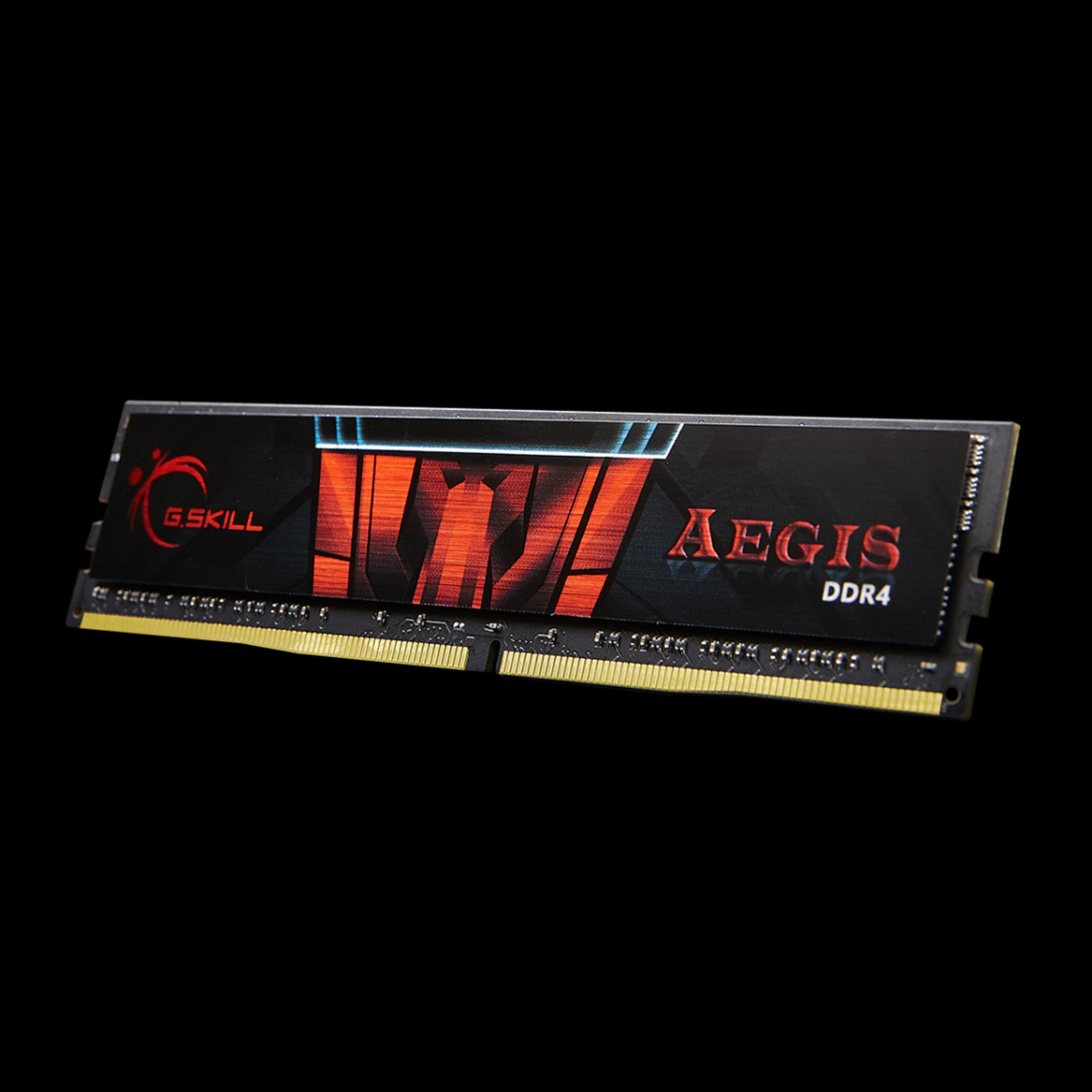 Un modulo RAM G.Skill Aegis DDR4 con design rosso su sfondo nero.