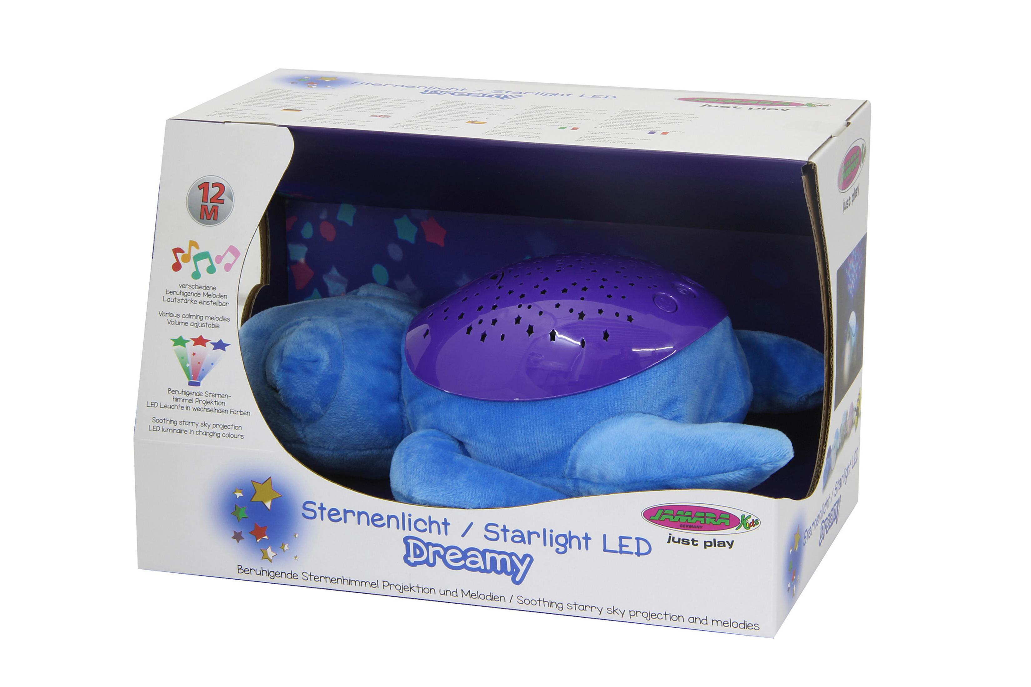 Ein blauer Wal-Nachtlichtprojektor mit violetter Kuppel in einer Verpackung.