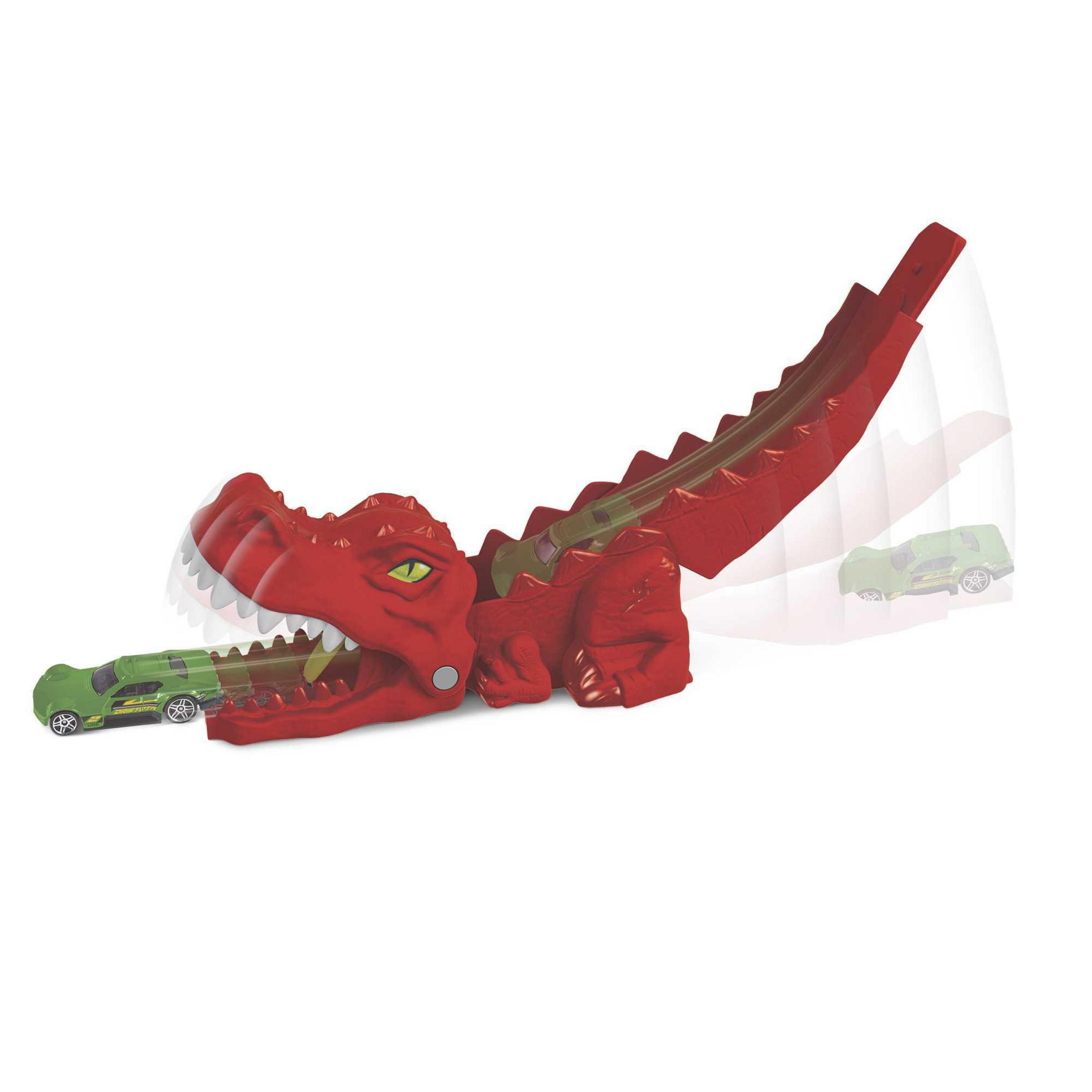 Ein rotes Krokodil-Spielzeug mit einem grünen Auto im Maul und einem weiteren Auto im Schwanz.