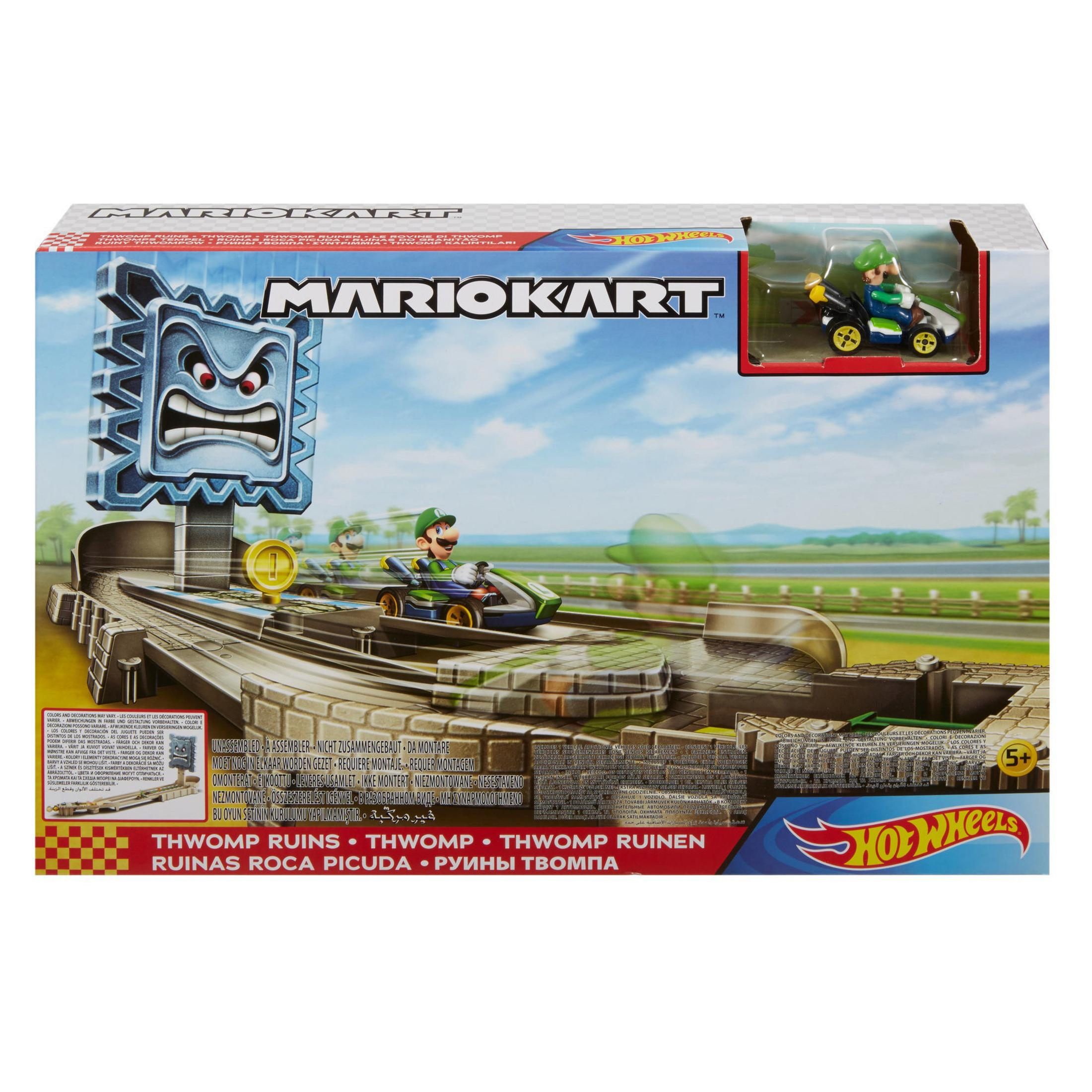 Mario Kart Thwomp Ruins Hot Wheels Spielzeugset mit Luigi im Go-Kart auf der Rennstrecke.