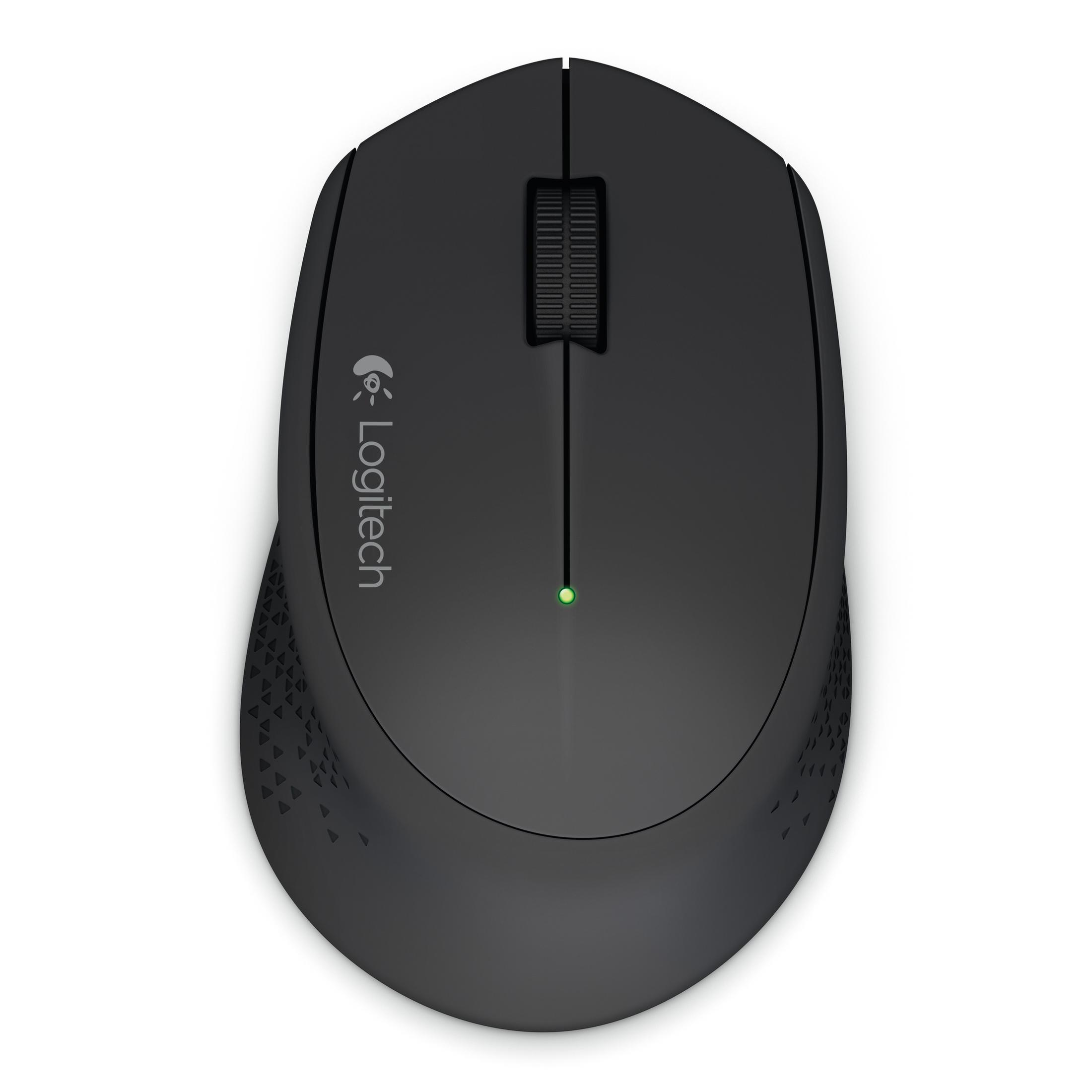 Mouse Logitech nero con rotellina di scorrimento e luce verde su sfondo bianco.