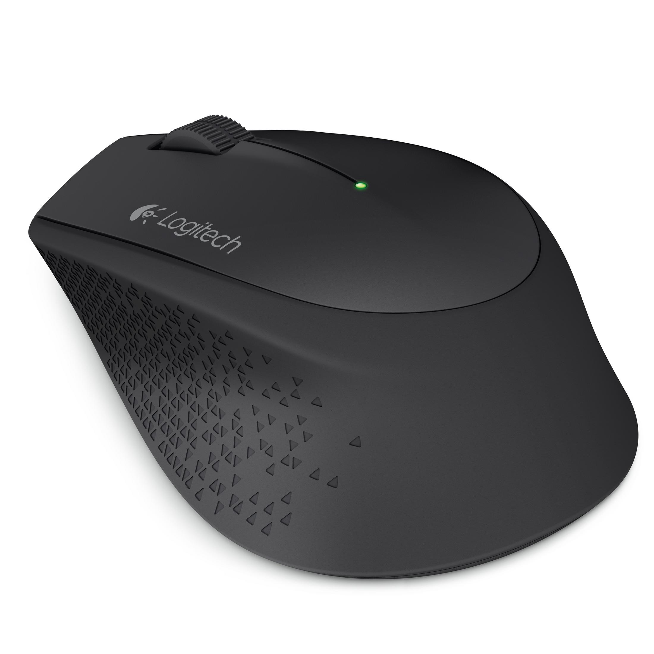 Mouse Logitech nero con rotellina e luce verde, su sfondo bianco.