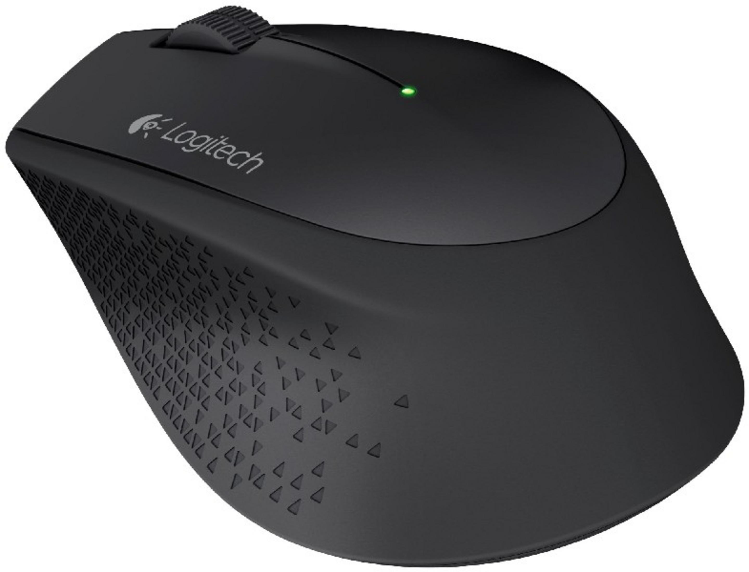 Un mouse Logitech nero con luce verde e motivo testurizzato sul lato.