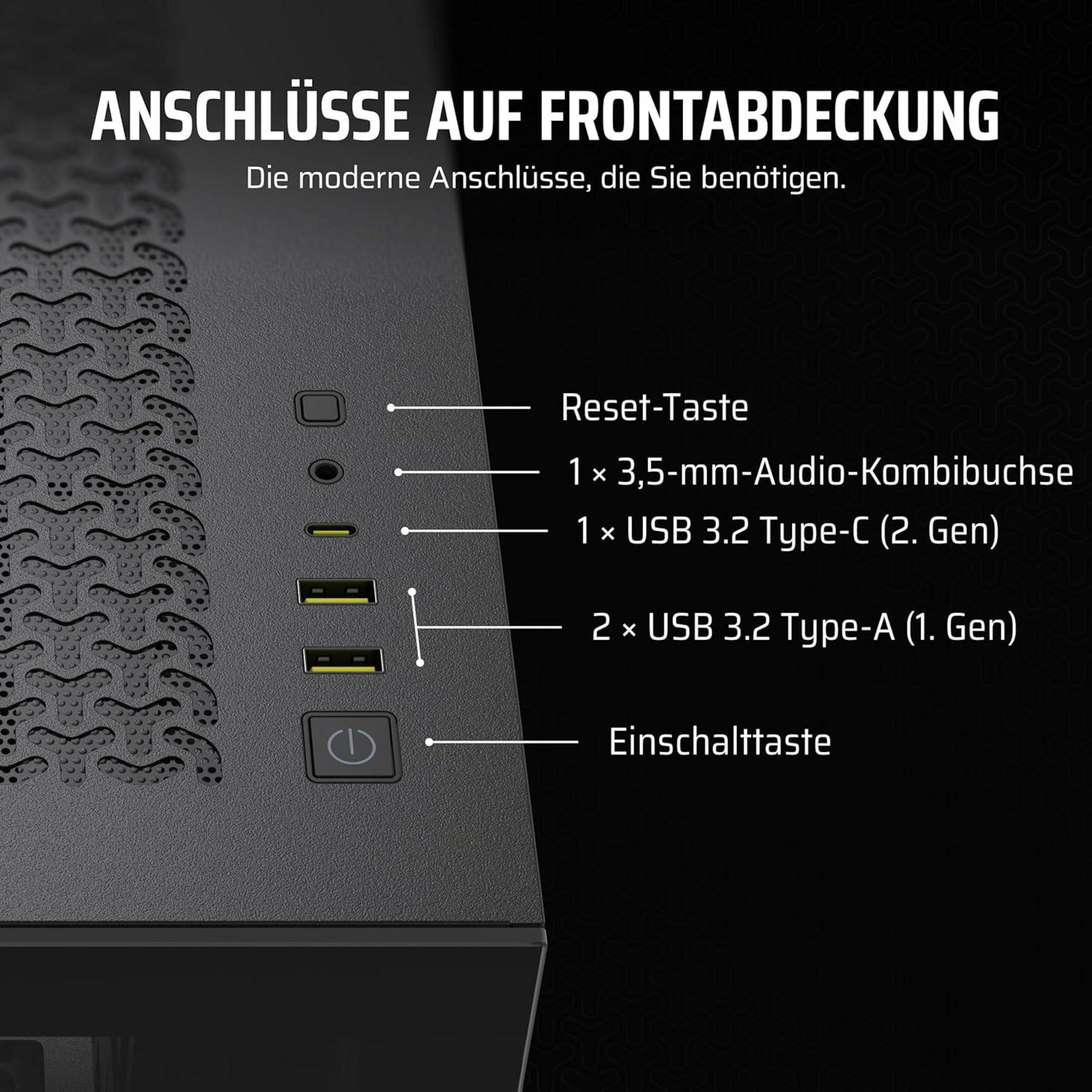 Panel frontal: Botón reset, toma de audio, 1x USB-C, 2x USB-A, botón de encendido.