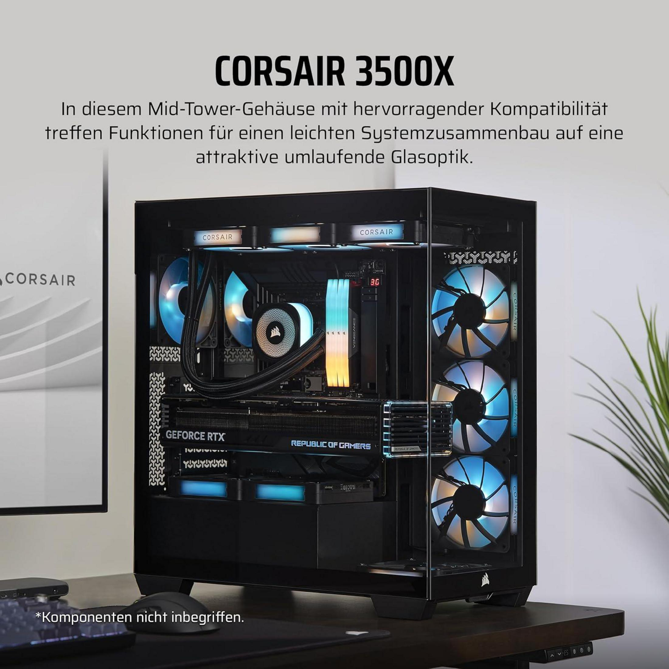 Una caja de PC Corsair 3500X con ventiladores RGB y componentes visibles.