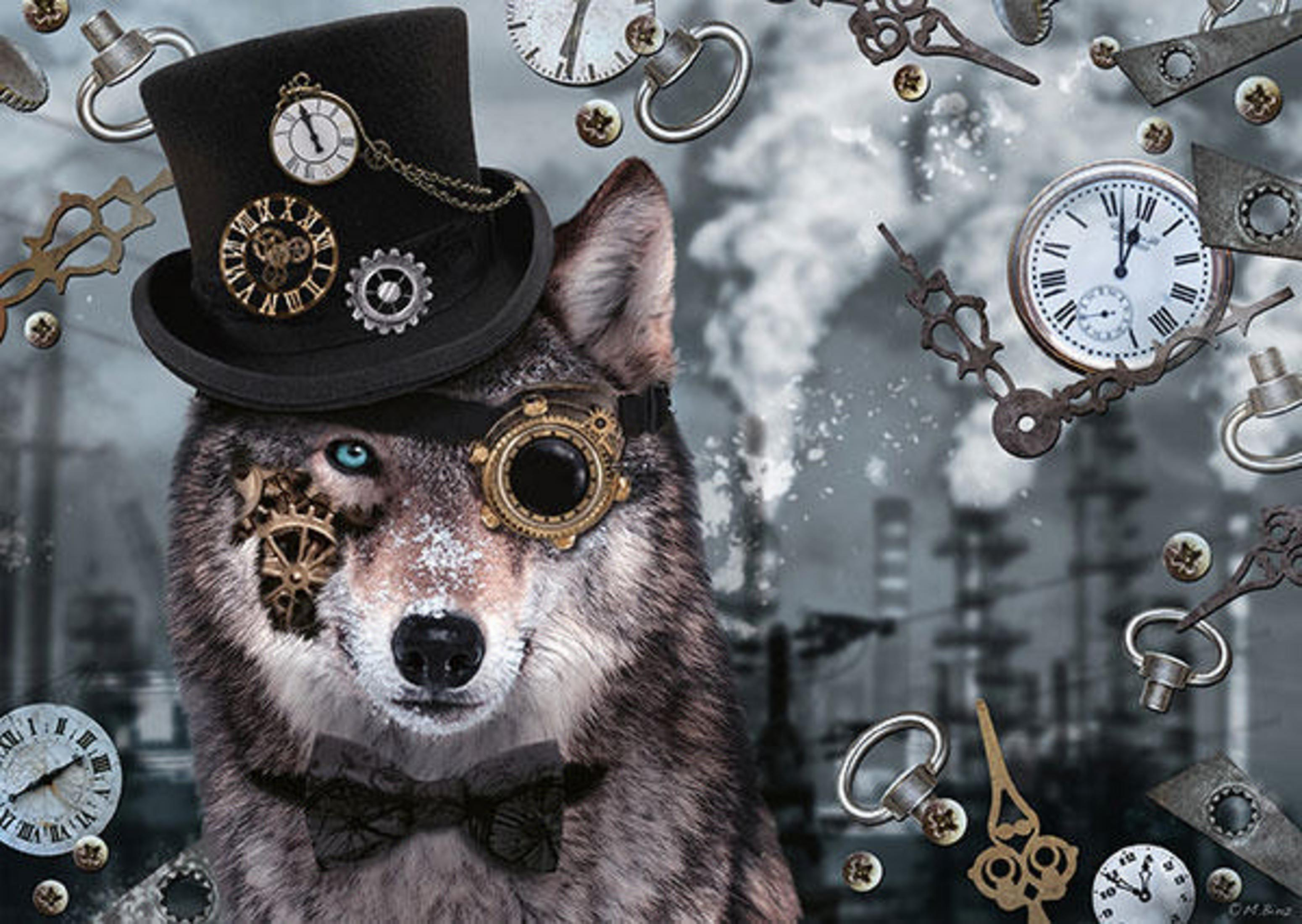 Un lobo con bombín y monóculo, rodeado de relojes. Estilo steampunk.
