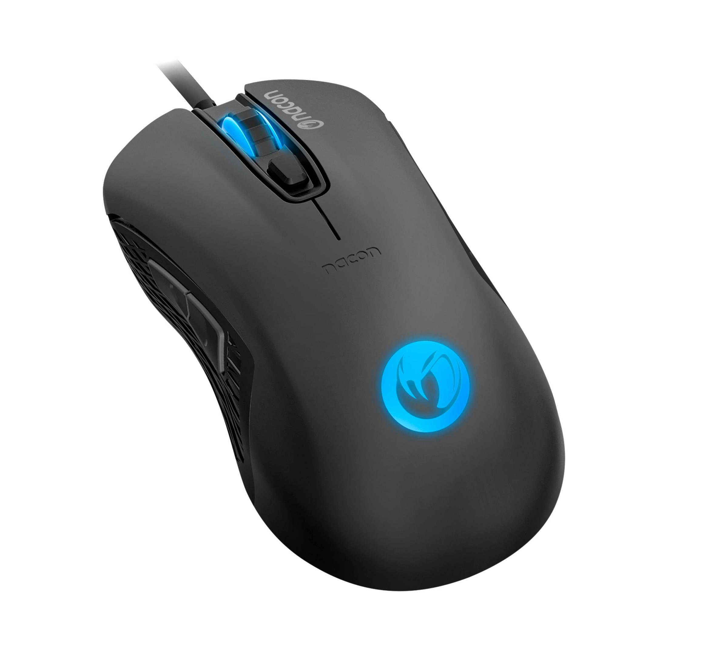Mouse per computer nero con luci blu e logo su sfondo bianco.