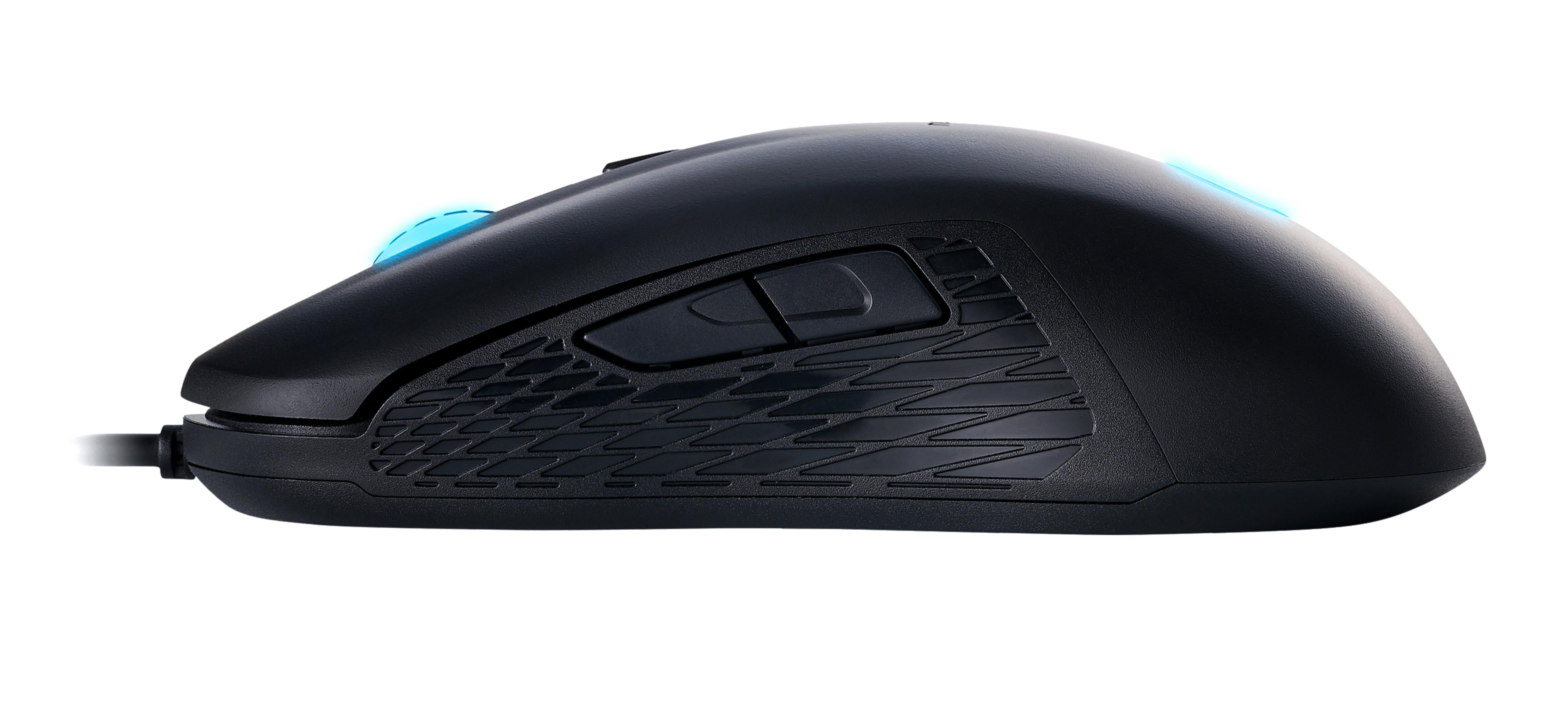 Mouse gaming nero con accenti LED blu e impugnatura testurizzata.