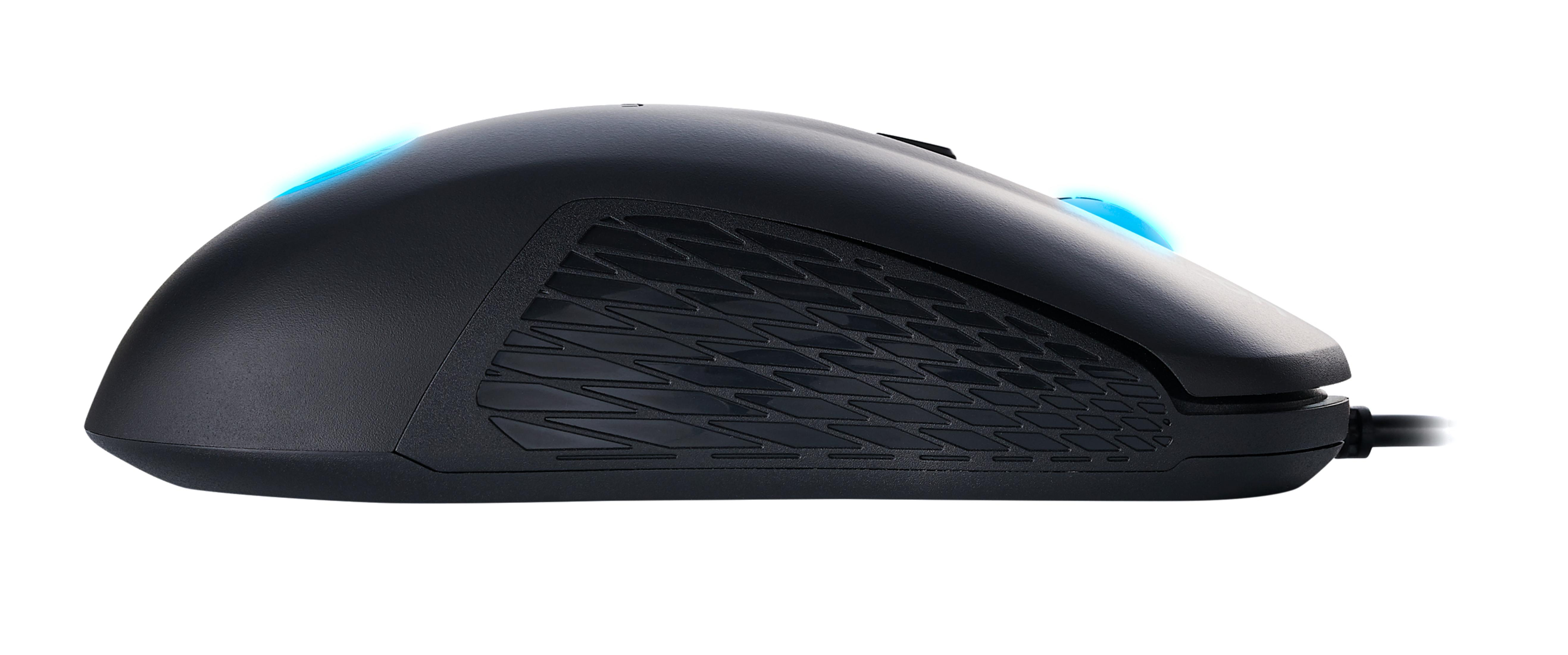 Mouse da gaming nero con luci blu e motivo a griglia.