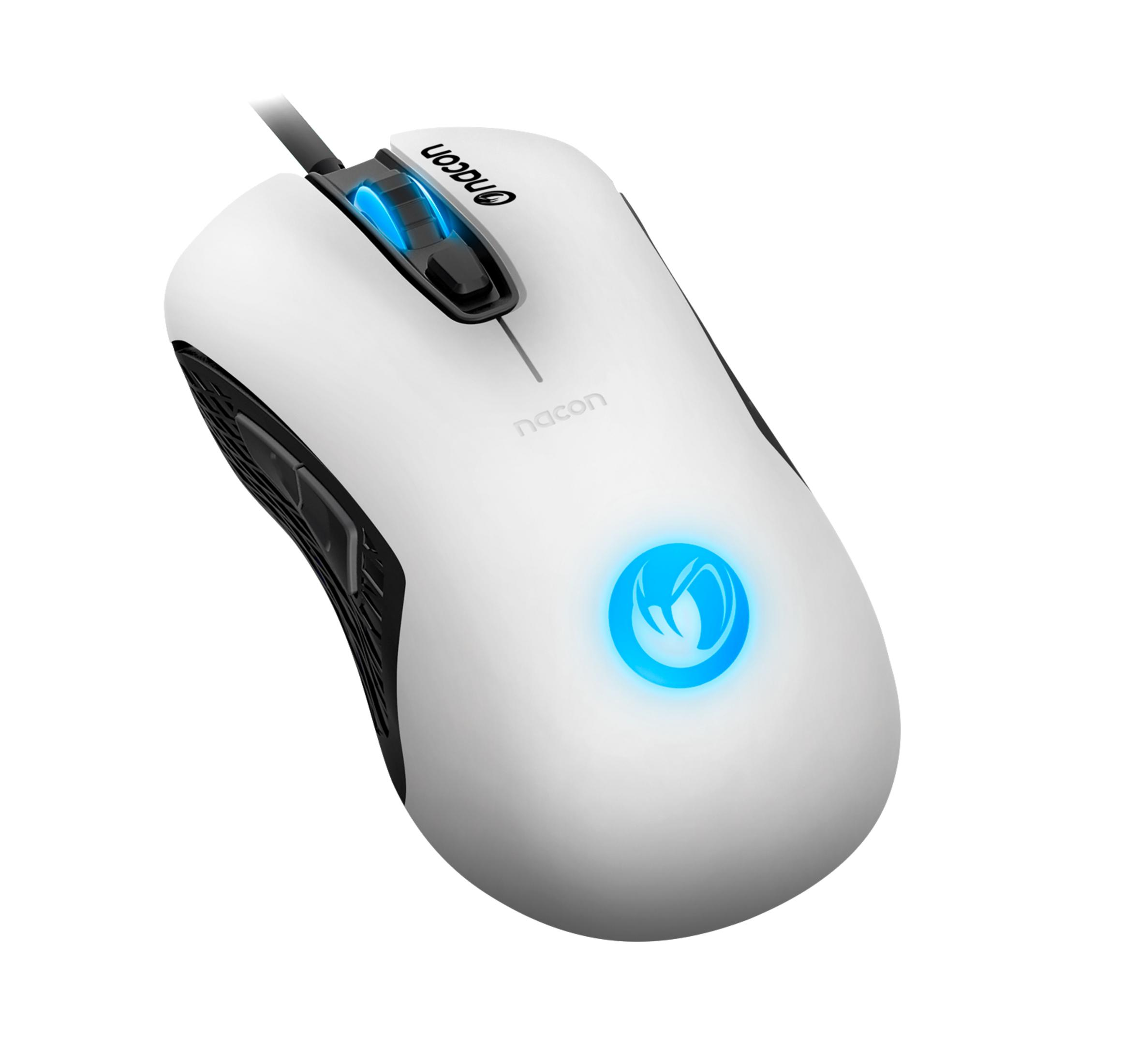 Un mouse da gioco bianco con luci blu e logo Nacon.