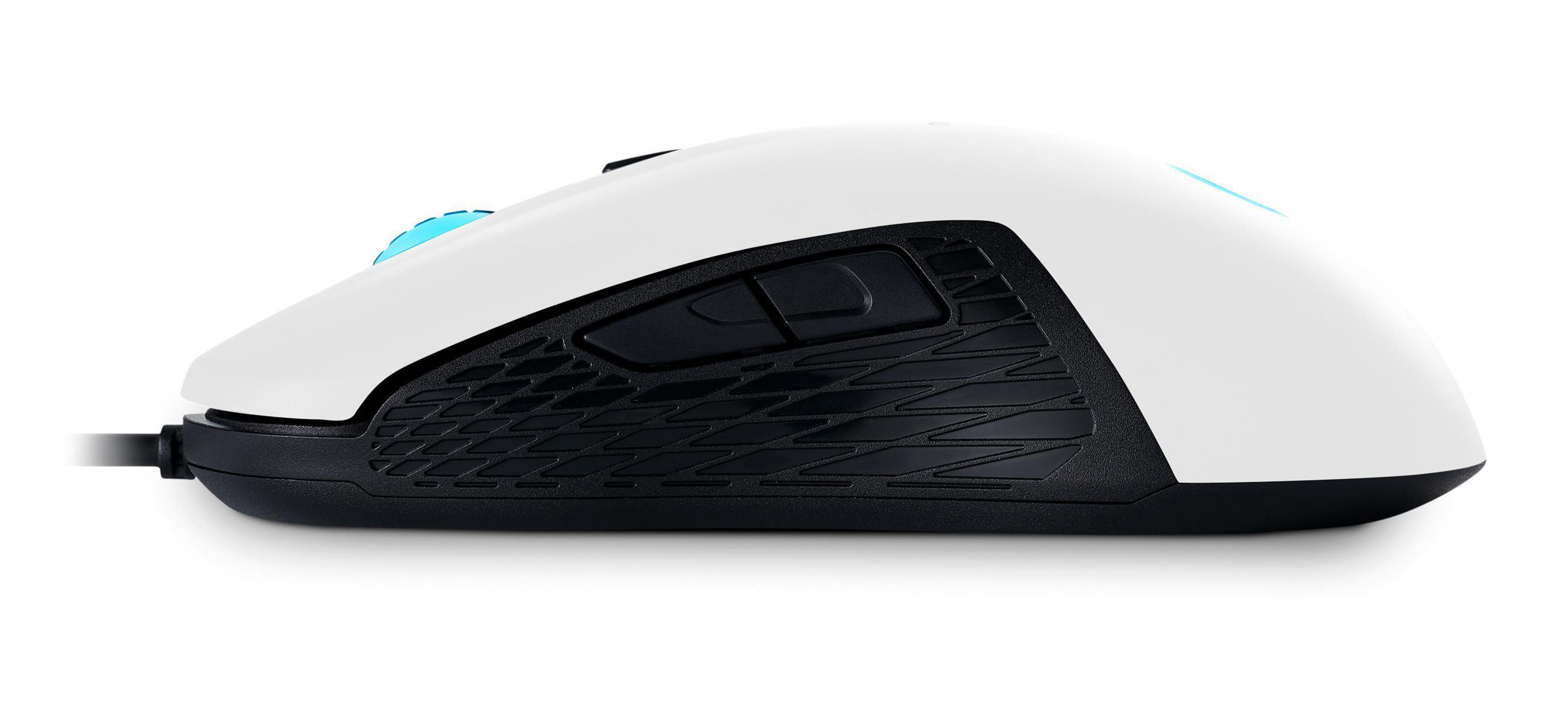Un mouse bianco con accenti neri e luci blu, visto di lato.