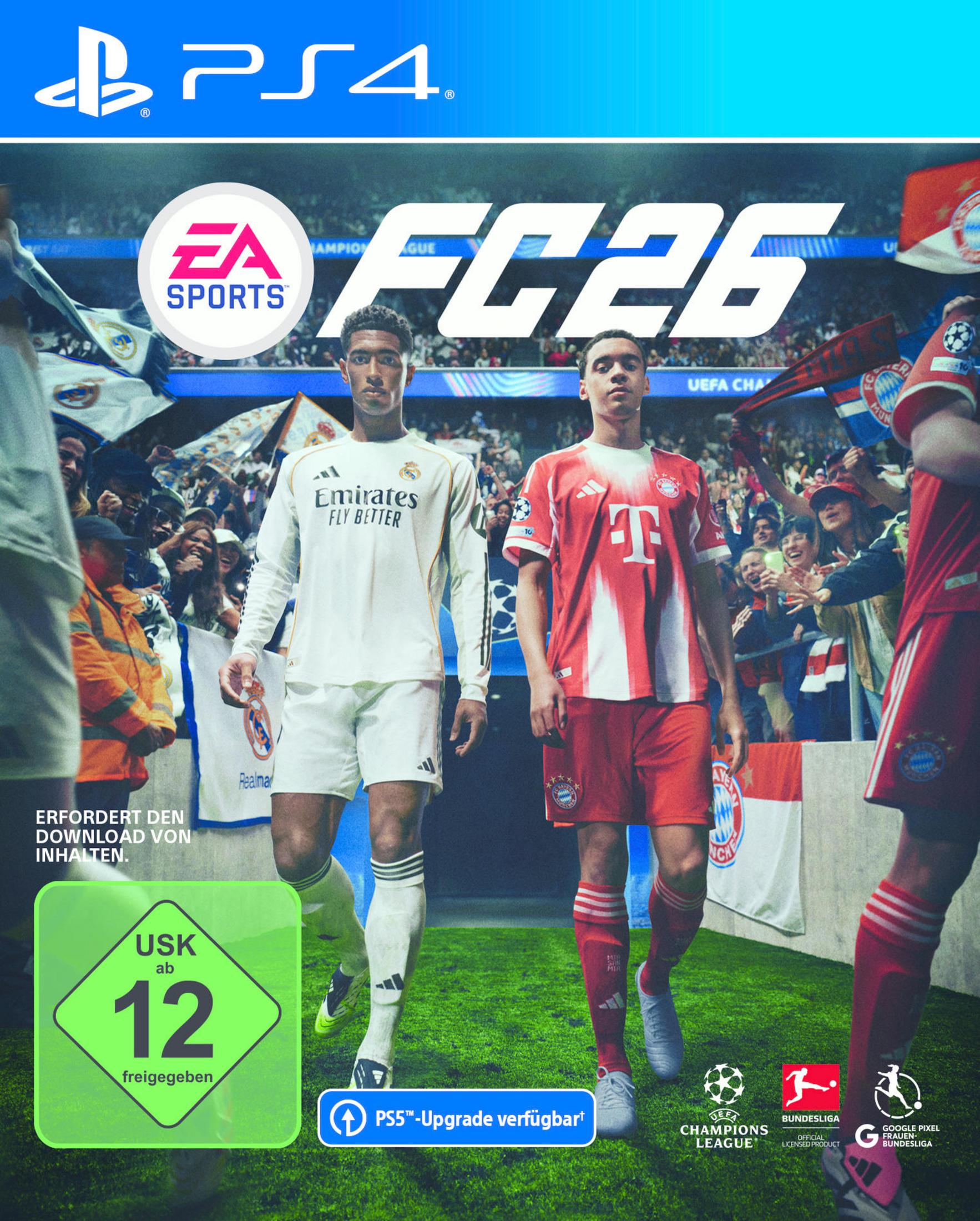 Copertina EA FC 26: Due calciatori in divisa camminano sull'erba. PS4, 12 anni.