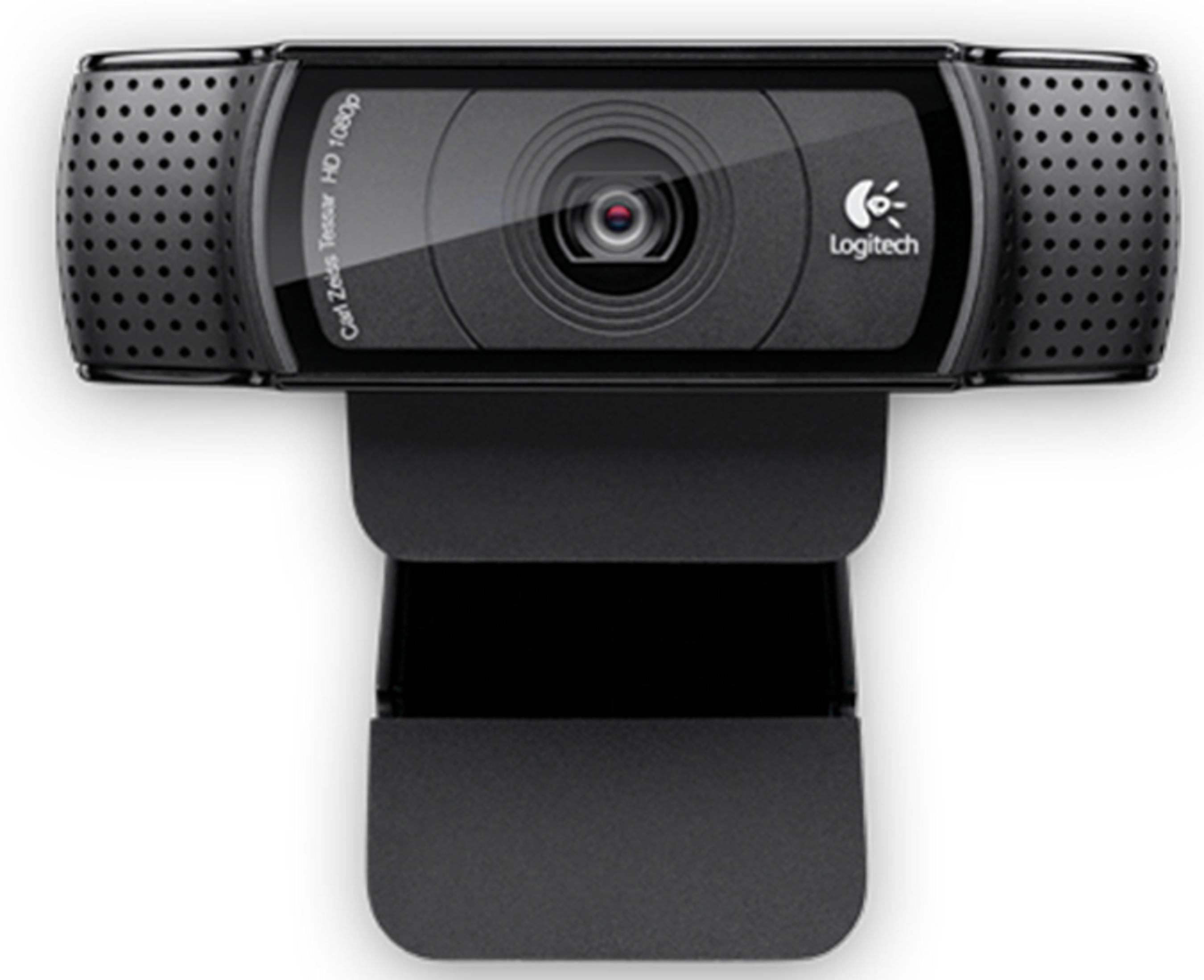 Una webcam Logitech negra con lente Carl Zeiss Tessar HD 1080p.