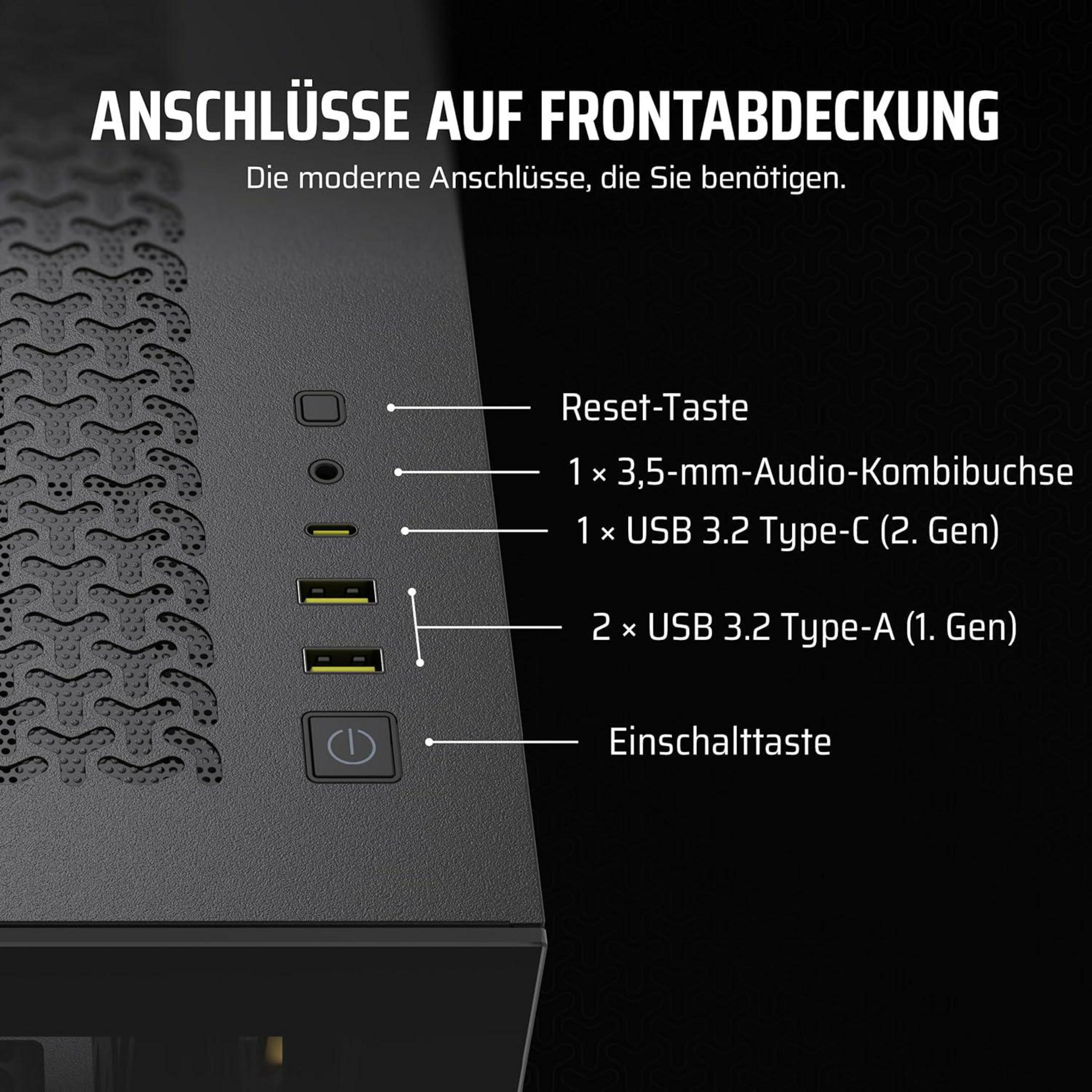 Vorderseite eines PCs mit Anschlüssen: Reset, Audio, USB-C, 2x USB-A, Power.