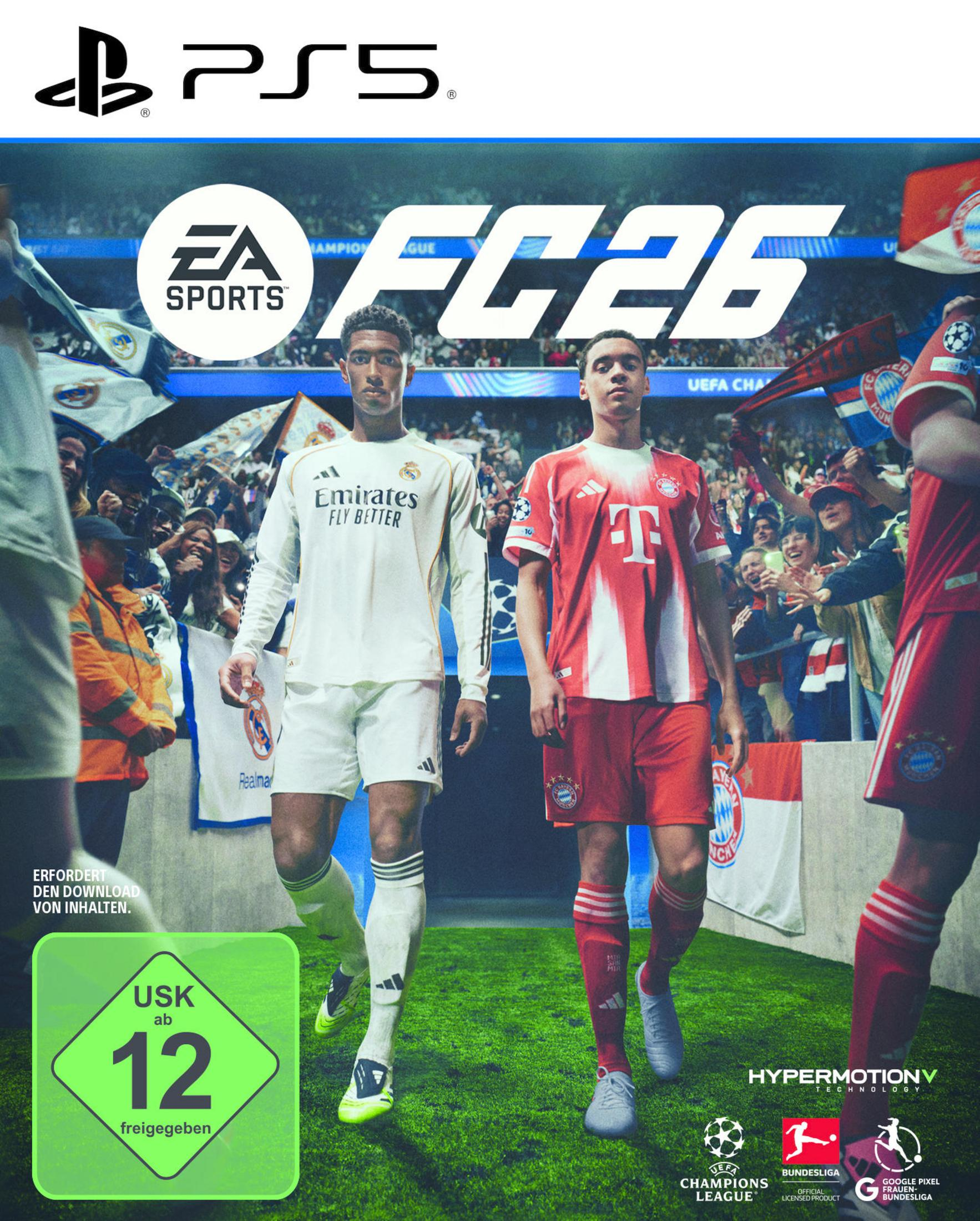 Copertina EA SPORTS FC 26 PS5 con due calciatori e loghi.
