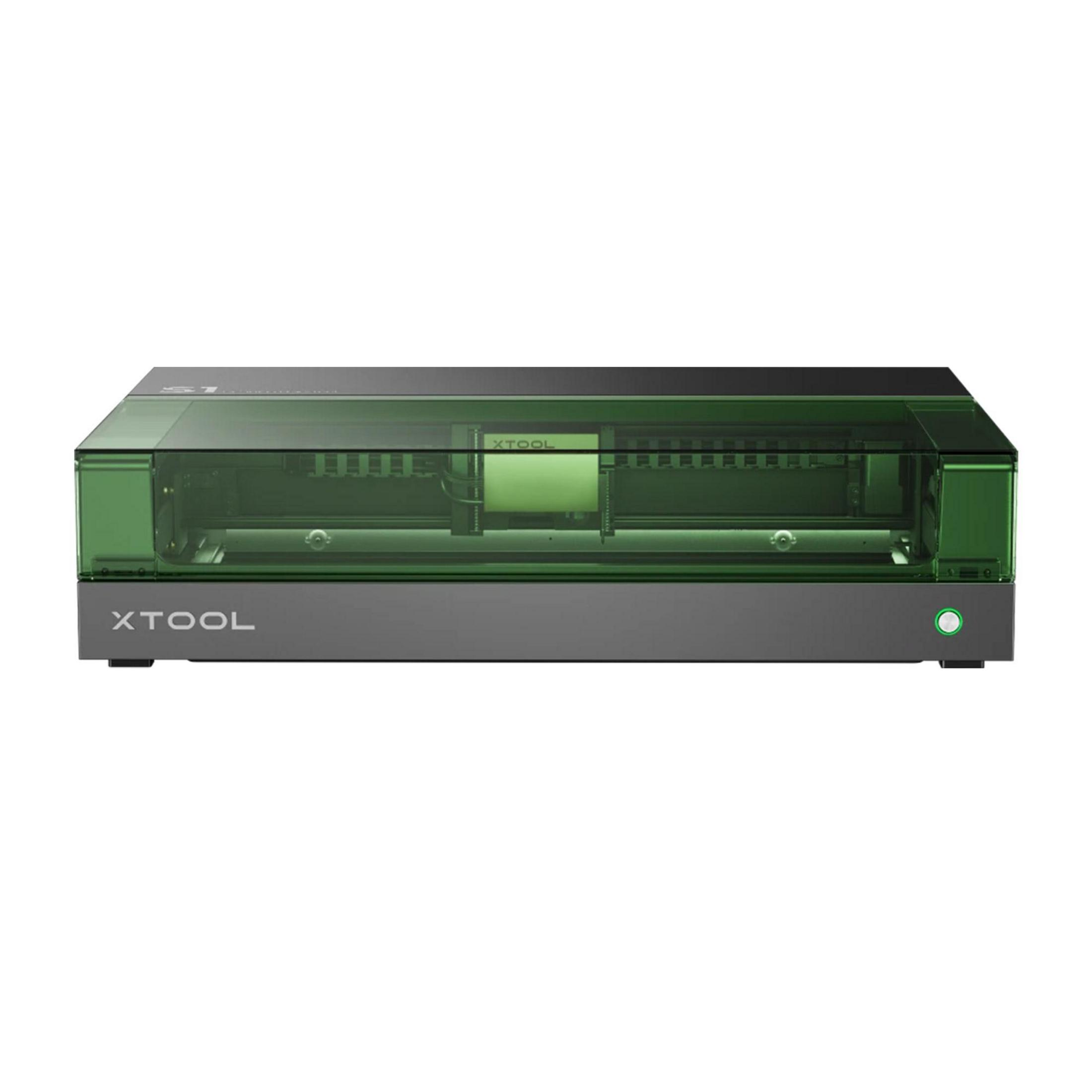 Ein XTOOL Lasergravierer mit grünem Gehäuse und silbernem Sockel.