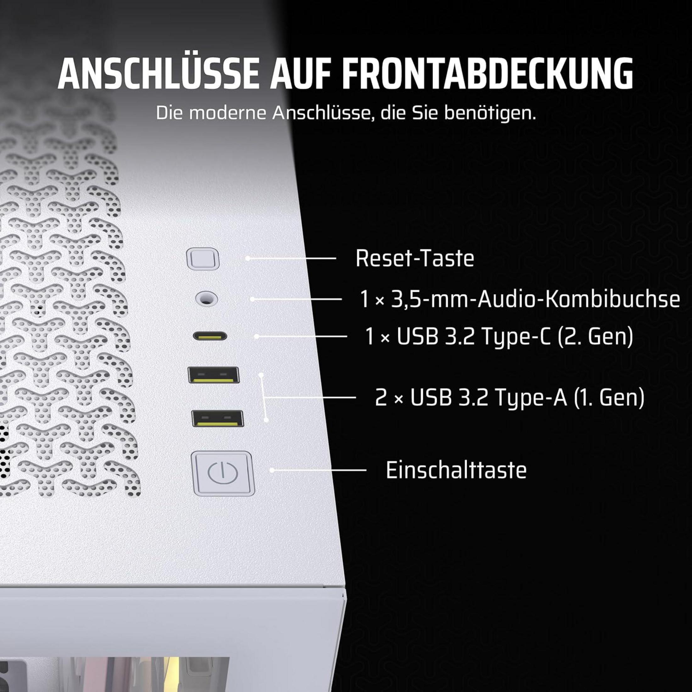 Puertos en panel frontal: Reset, Audio, USB-C, USB-A, Botón de encendido.
