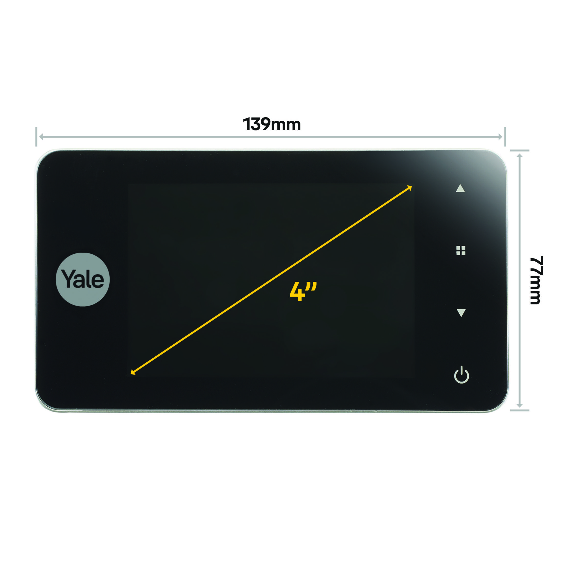 Un dispositivo touchscreen Yale nero di 139mm x 77mm.