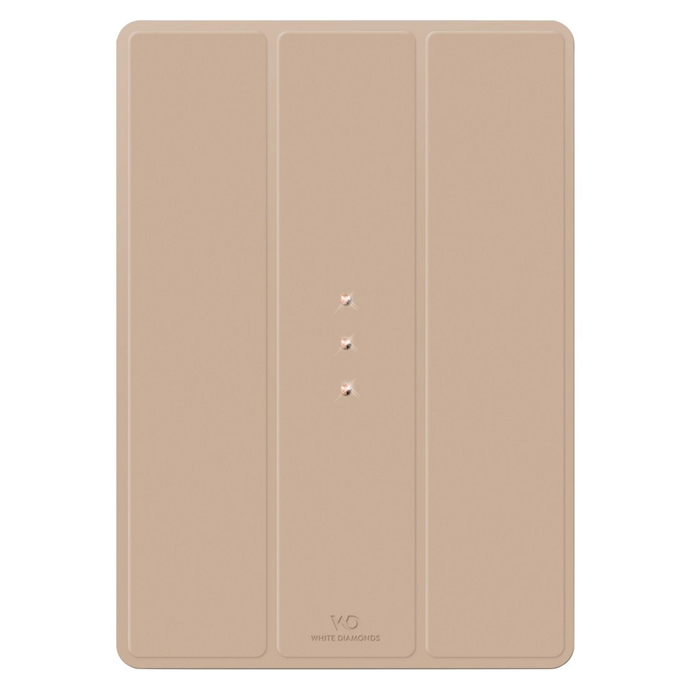 Ein hellbraunes Tablet-Etui mit drei Falten und Glitzerdetails.