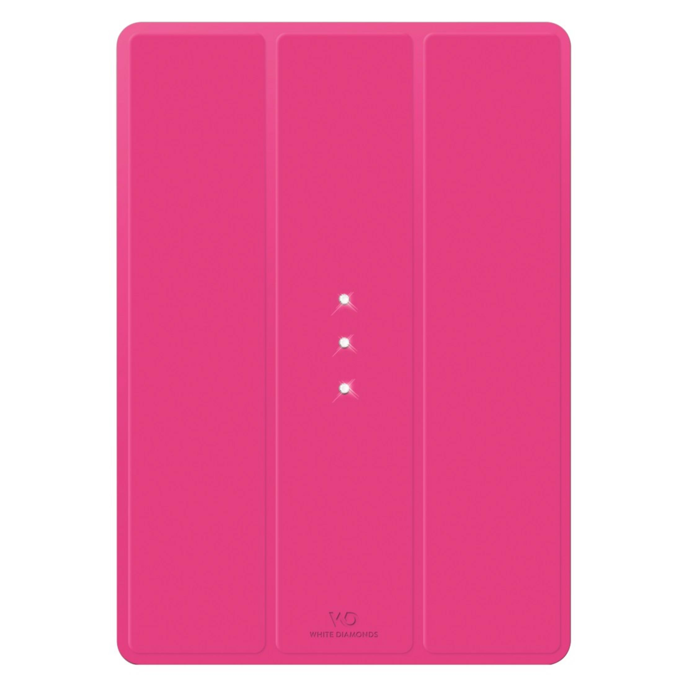 Eine faltbare, pinke Hülle mit drei Diamanten-Akzenten und einem Logo.