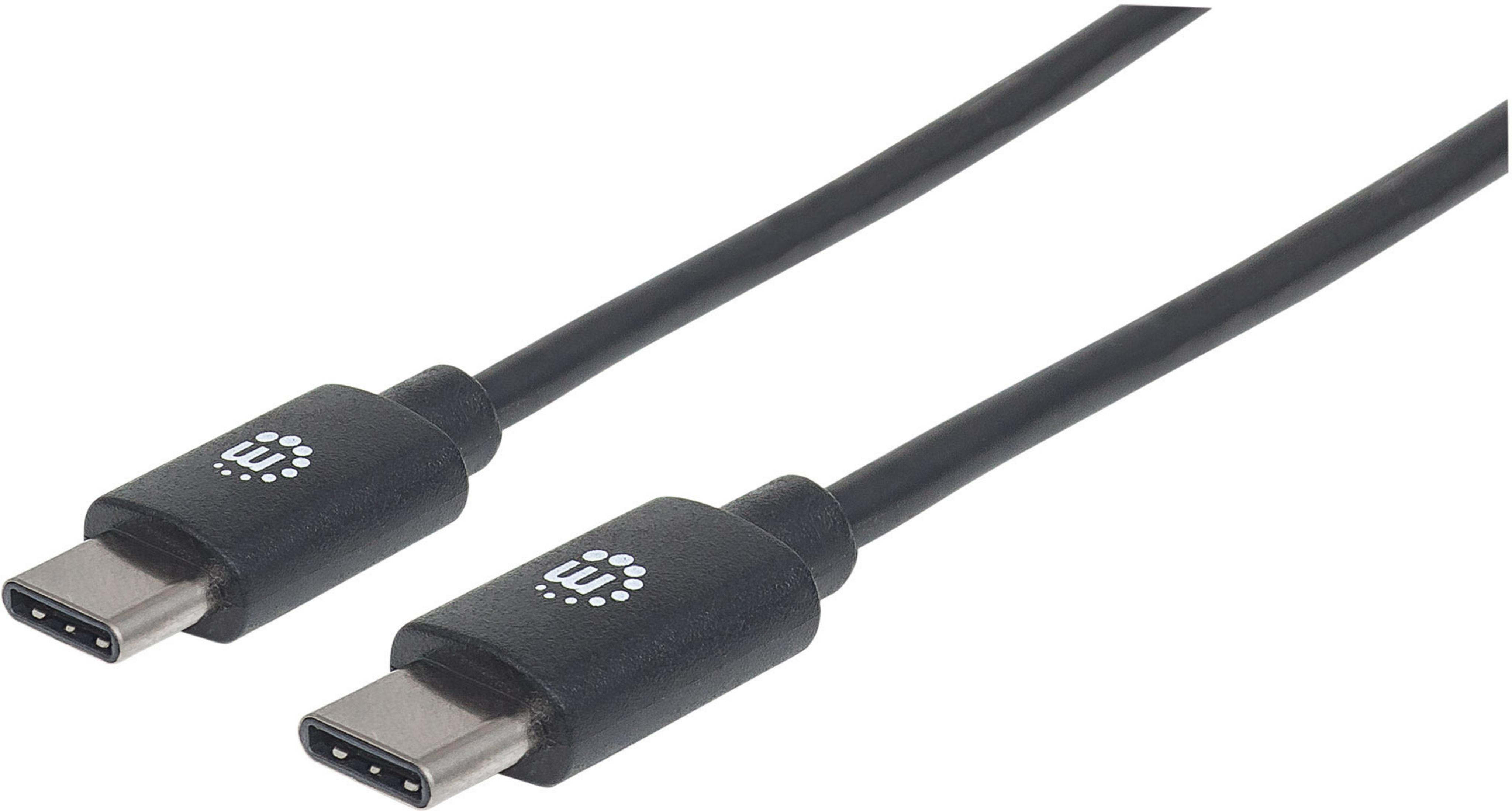 Un cavo USB-C nero con due connettori e un logo.