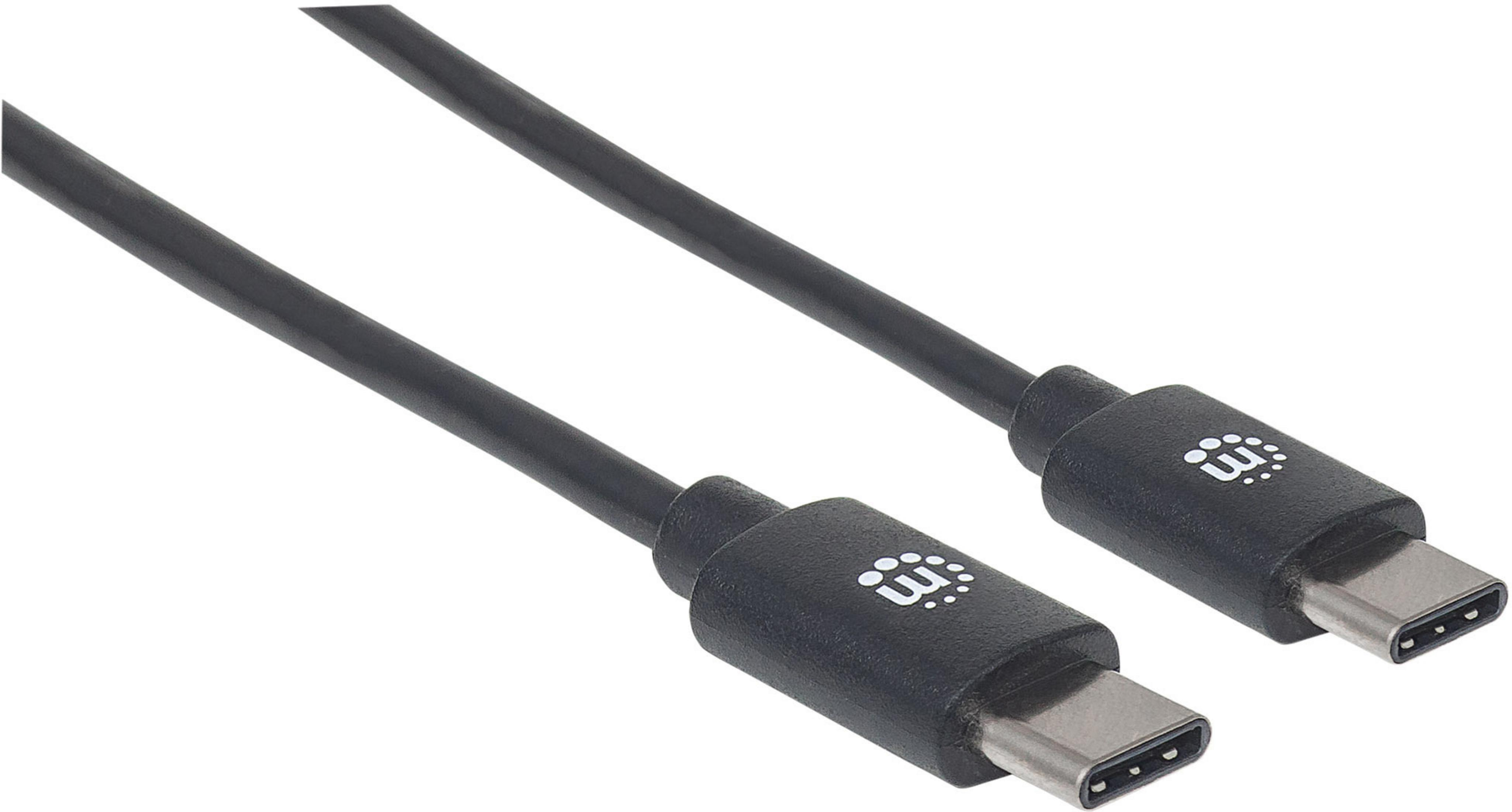 Un cavo USB-C nero con due connettori, su sfondo bianco.