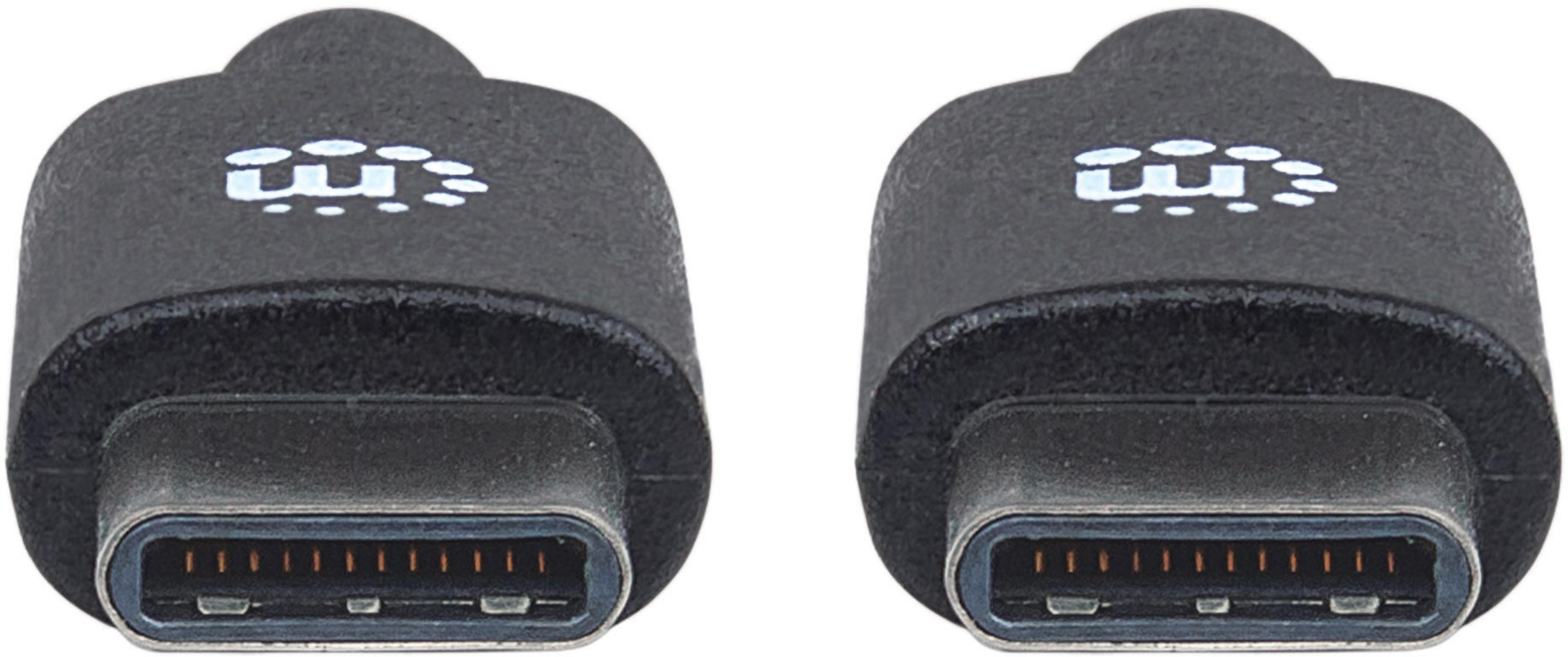 Due connettori USB-C neri con loghi bianchi uno accanto all'altro.