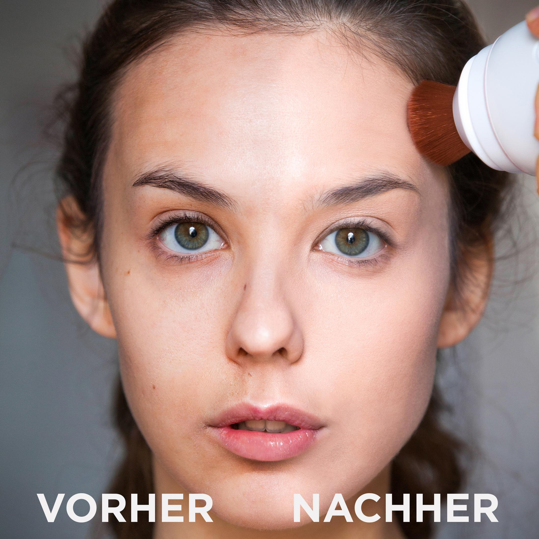 Vorher-Nachher-Vergleich mit Make-up-Pinsel