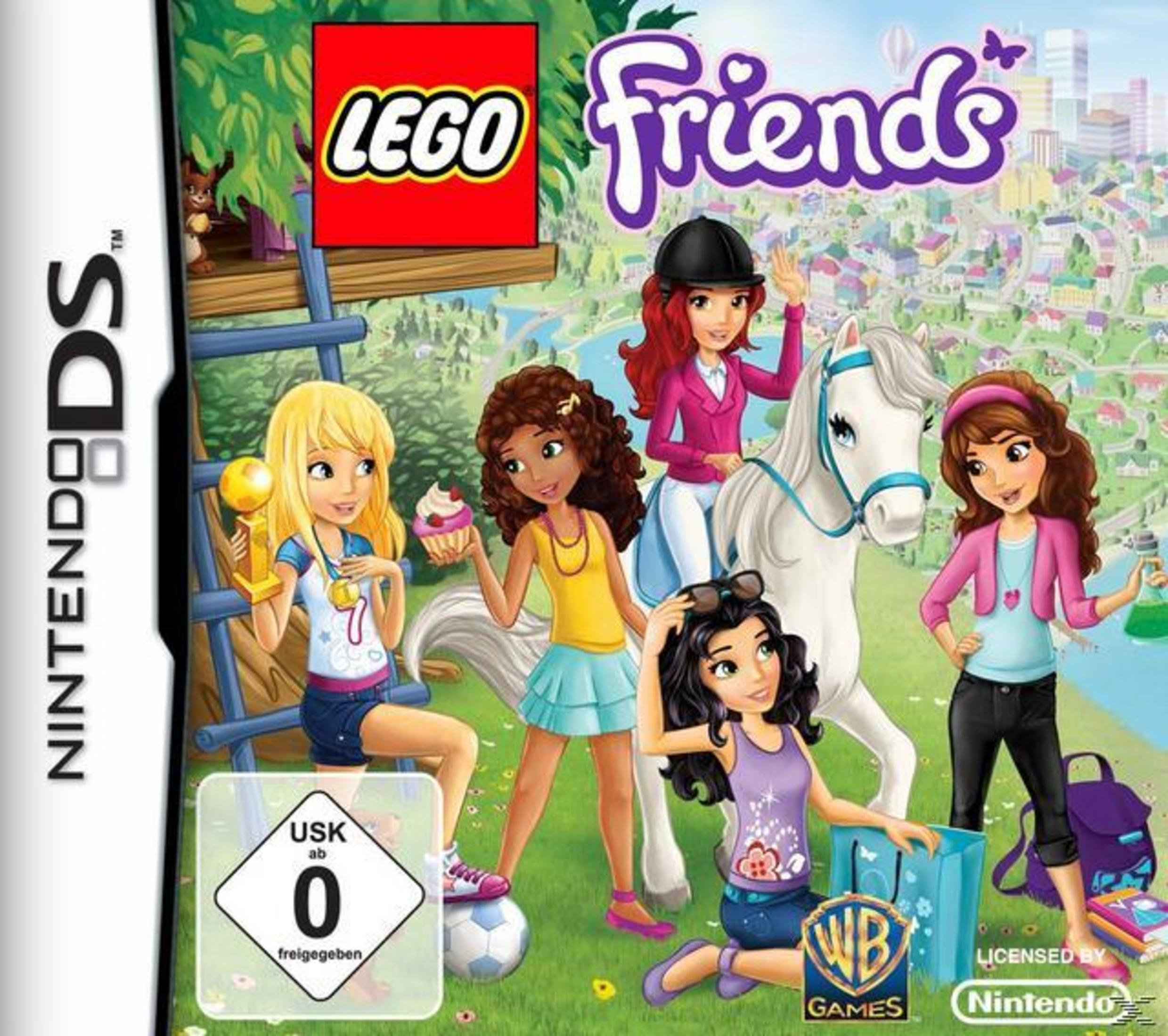 Copertina del gioco LEGO Friends DS con 4 ragazze, un cavallo e uno skyline.