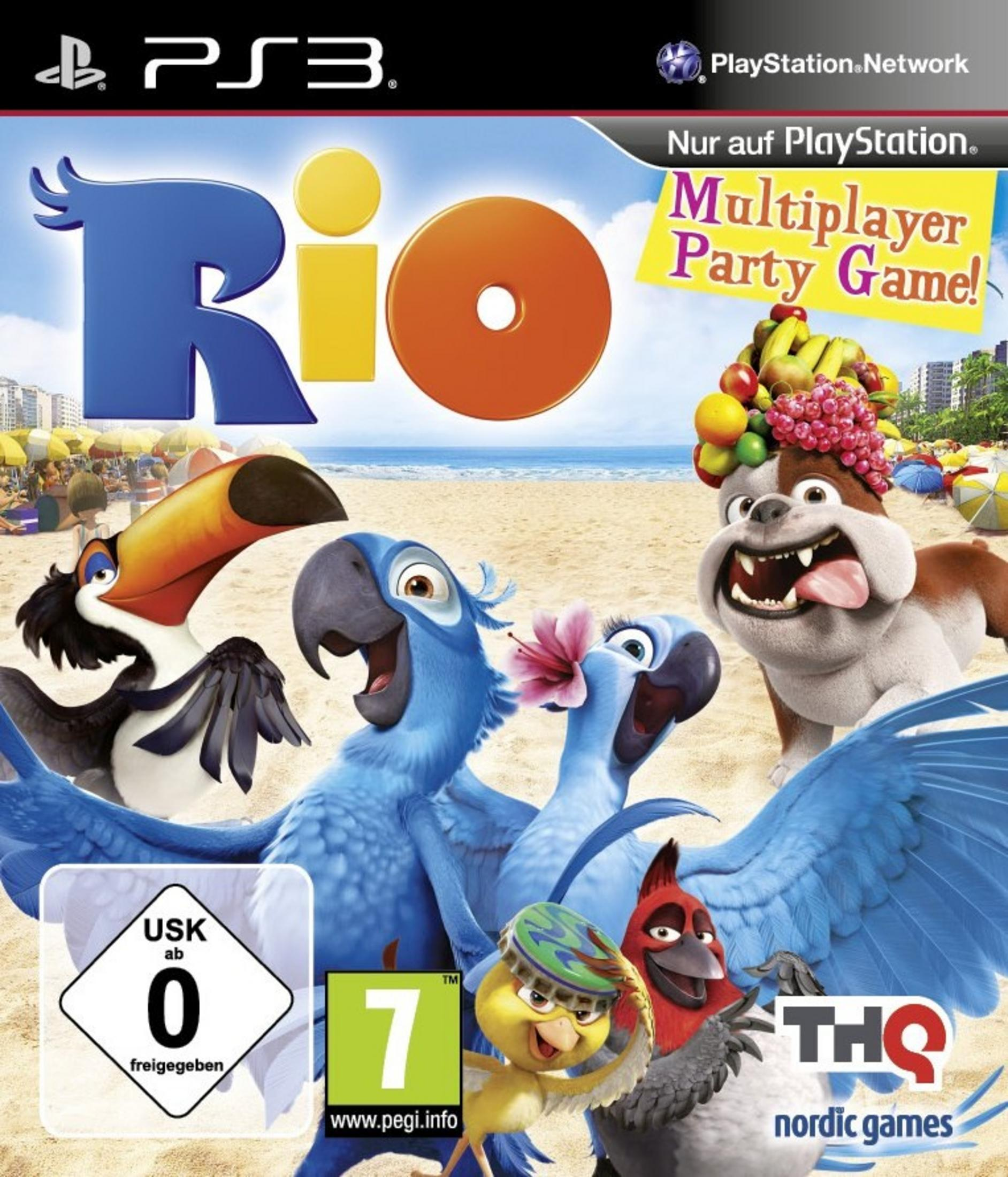 Rio Multiplayer Party Game: Blüten, Papageien, Hund am Strand mit PS3-Logo.