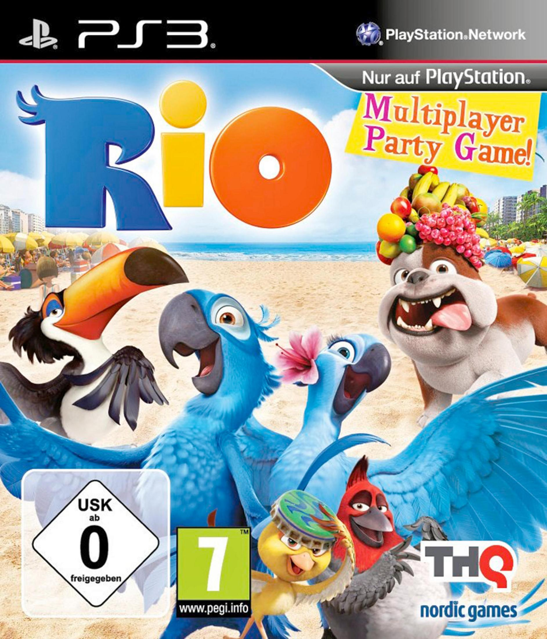 Rio PS3 Spielcover: bunte Vögel und Hund am Strand, Multiplayer Party Game!