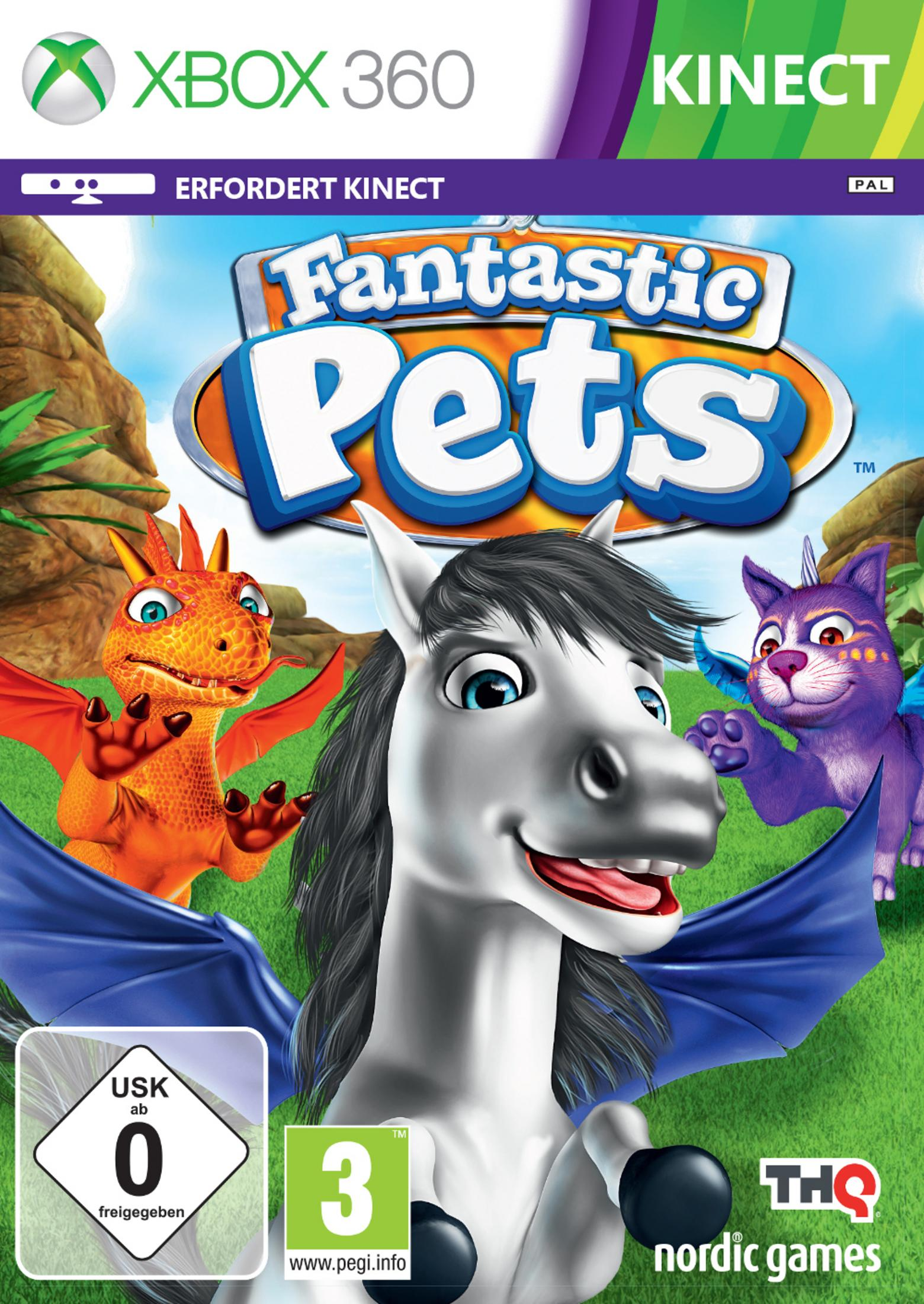 Cover des Xbox 360 Spiels "Fantastic Pets" mit einem weißen Pferd, Drachen und lila Katze.