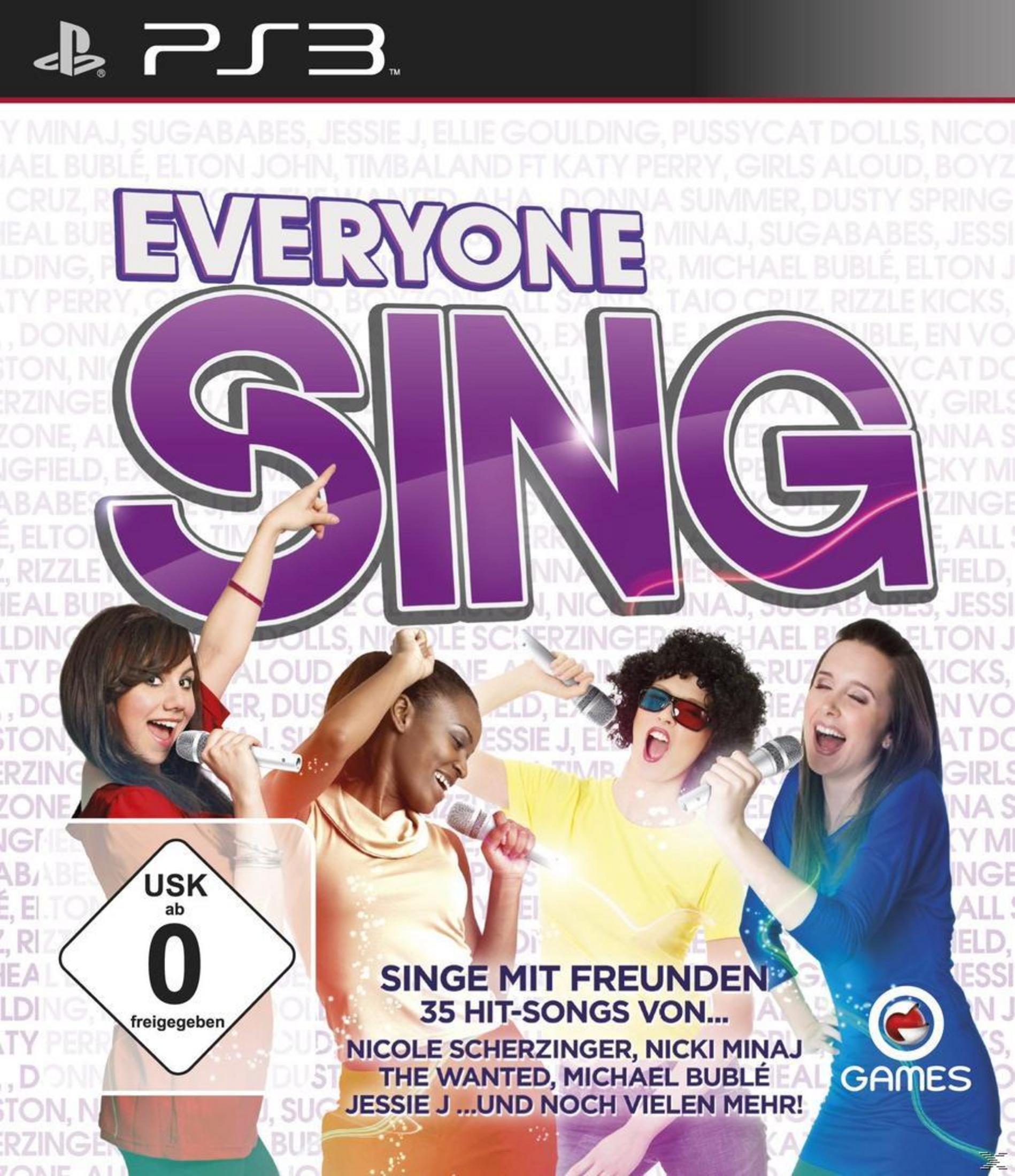 Vier junge Frauen singen mit Mikrofonen vor dem Spieltitel "Everyone Sing".